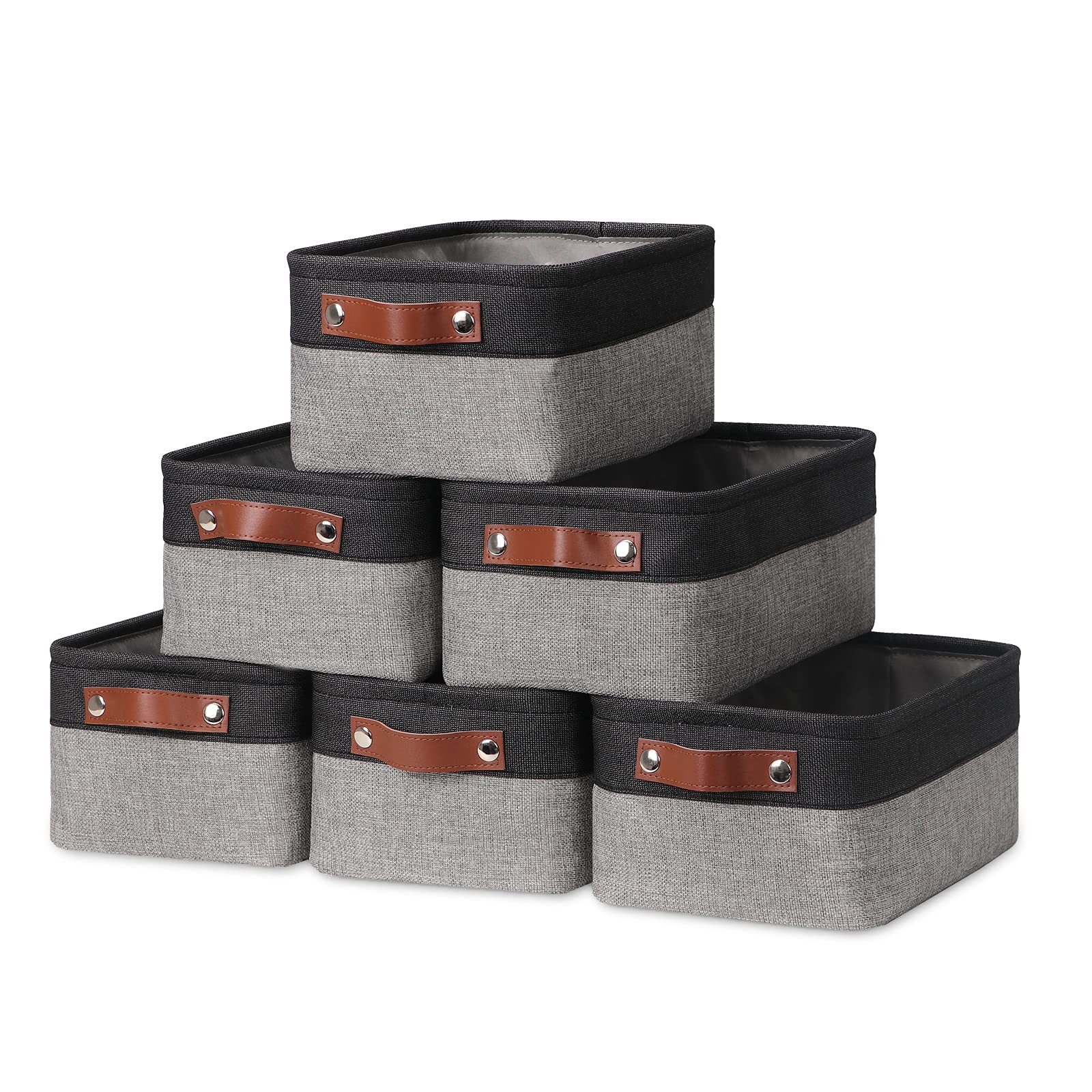 Hnzige Small Storage Baskets Fabric Bins(6-Pack)Baskets For Shelves, Empty Gift Baskets With Leather Handles,Folable Baskets For