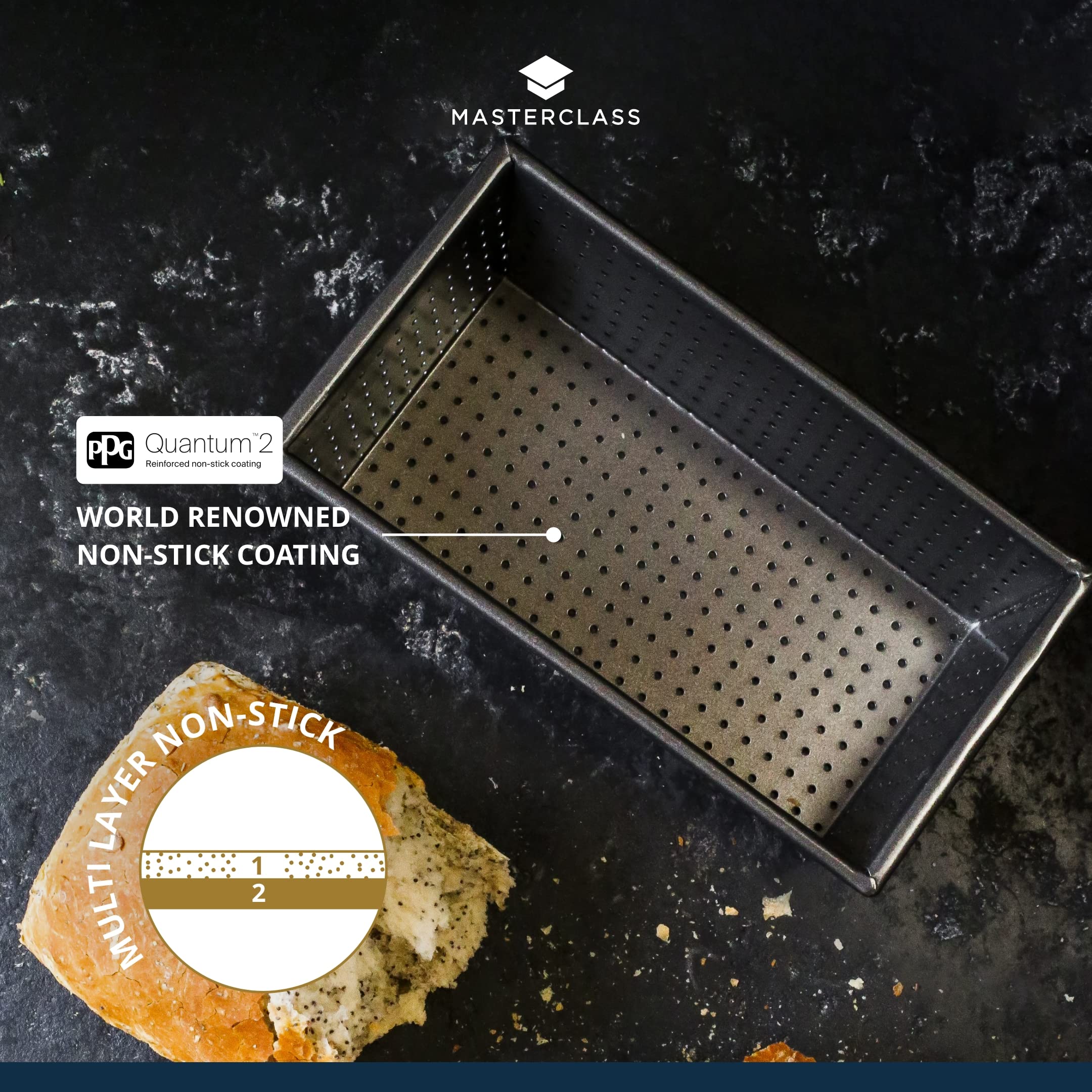Masterclass Kcmccb20 Crusty Bake Perforated Loaf Tin With Pfoa Non Stick, Robust 1 Mm Carbon Steel, 2 Lb, 21Cm X 11Cm X 7Cm Box