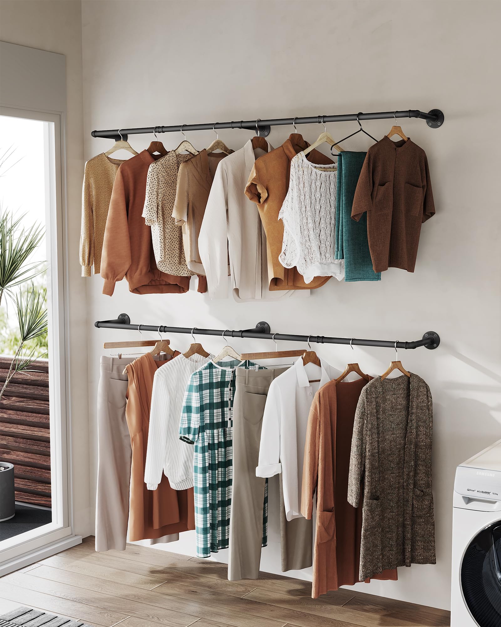 Oropy Clothes Rack, 65.7'' Industrial Pipe Clothing Rack 2 Pack For Clothes, Wall Mounted Heavy Duty Space Saving Garment Rack F