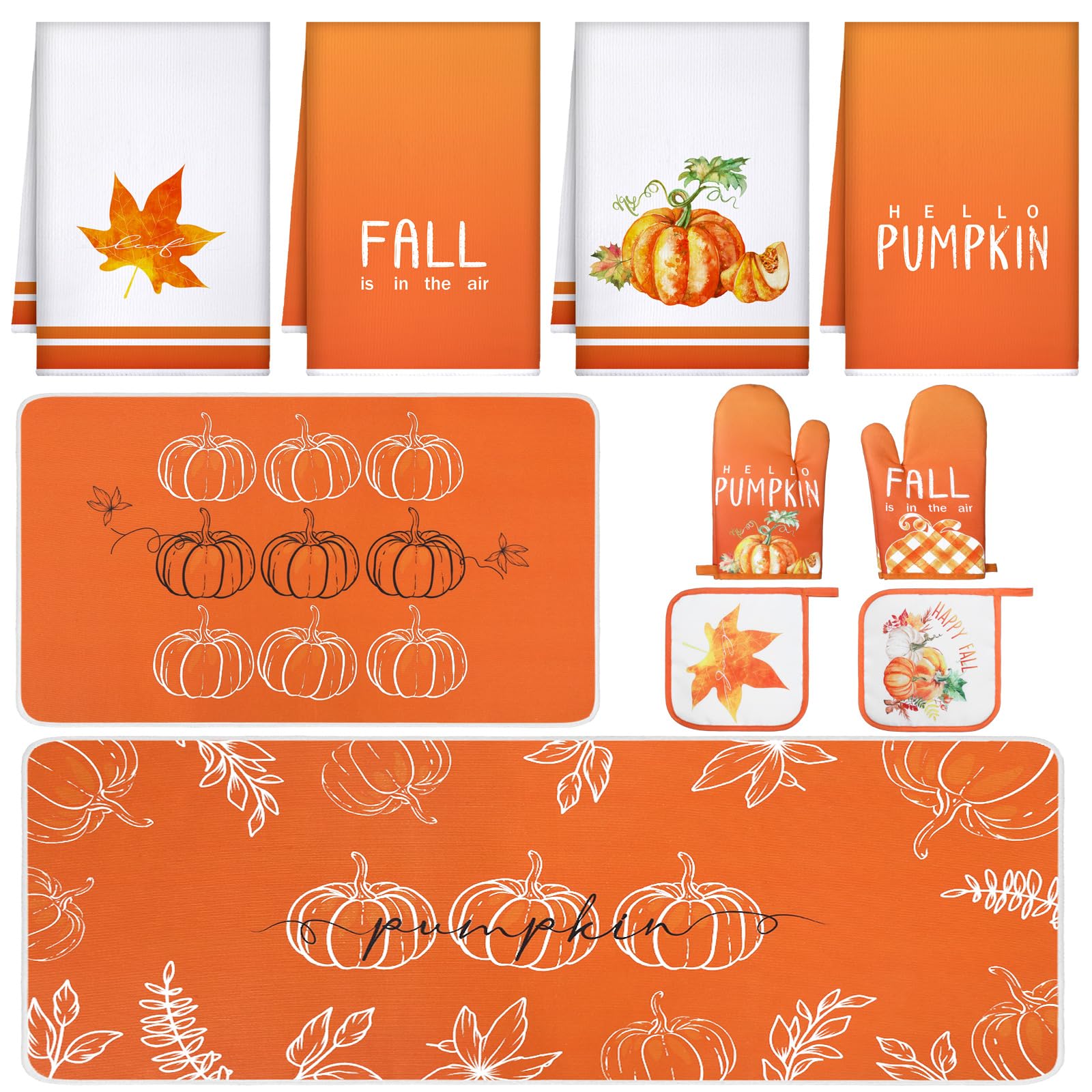 Fourluoo 10 Pcs Thanksgiving Fall Kitchen Decor Set Fall Oven Mitts and Pot Holders Pumpkin Maple Leaves Dish Towels Kitchen Rug