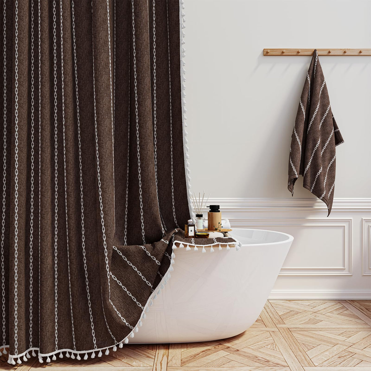 Bttn 78 Inch Long Shower Curtain - Boho Farmhouse Striped Linen Fabric Shower Curtain Set With Tassel, Water Repellent, Tall Rus