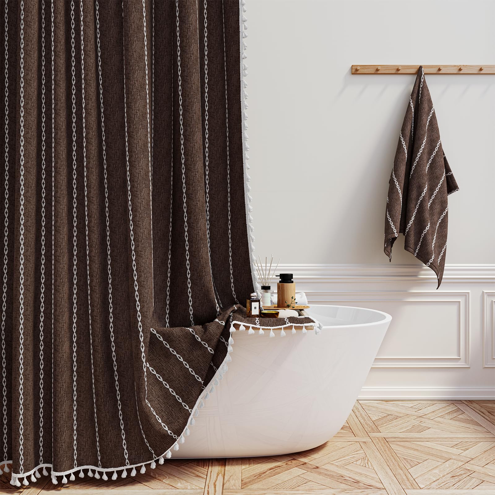 Bttn Extra Long Shower Curtain - 72X84 Long Boho Rustic Chic Striped Tassel Linen Fabric Shower Curtain Set With Hooks, Tall Mod