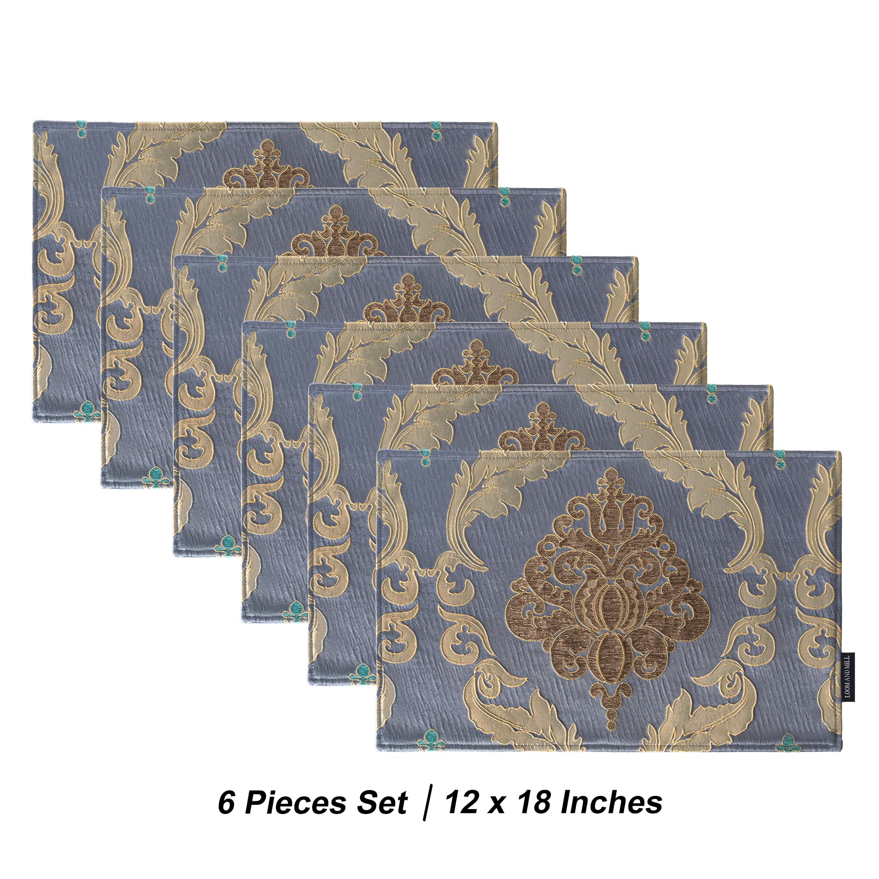 Loom And Mill Luxury Damask Placemats Set Of 6, Traditional Jacquard Table Place Mats For Dining Table Kitchen Room Holiday Banq