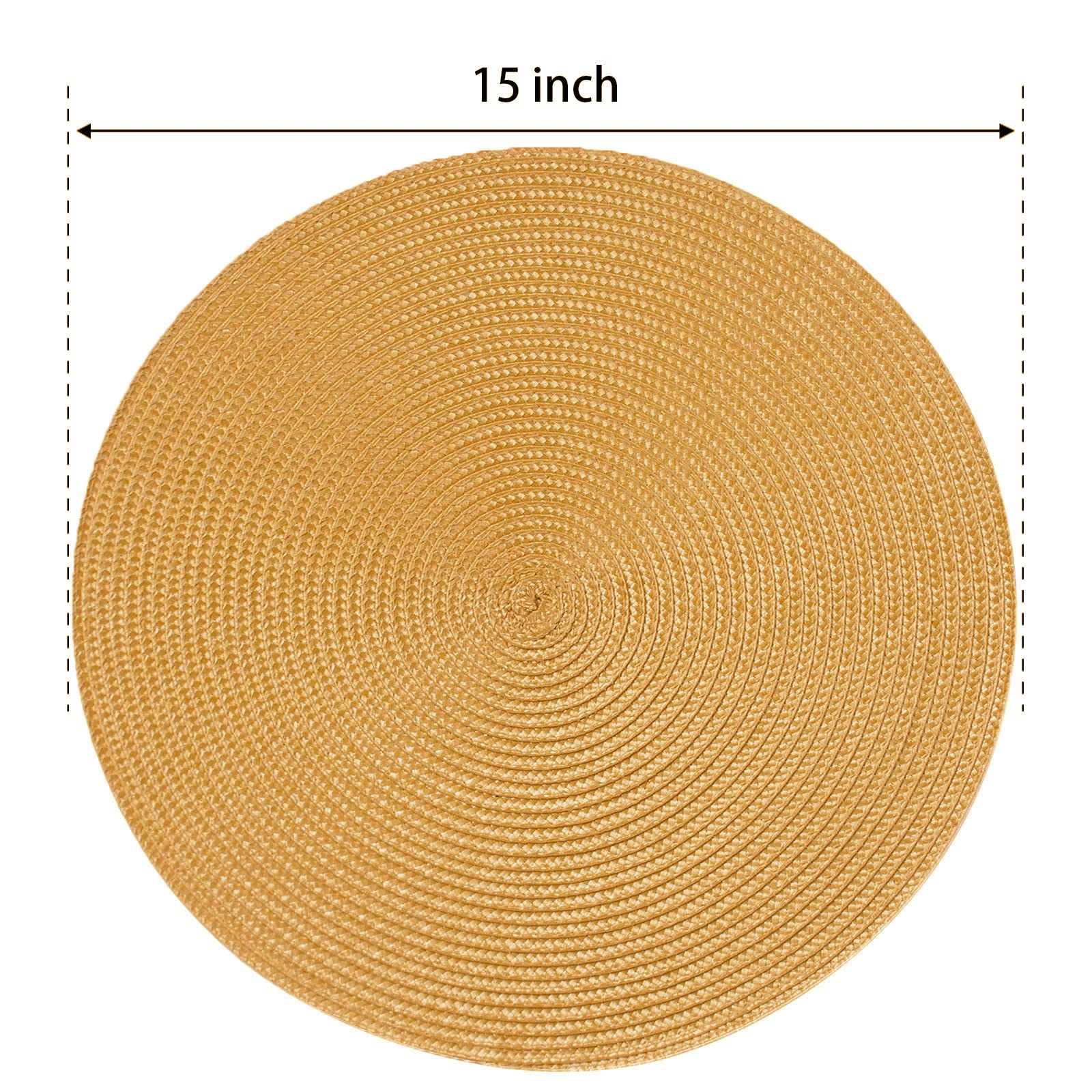 Funwheat Round Braided Placemats Set Of 6 Table Mats For Dining Tables Woven Washable Non-Slip Place Mats 15 Inch(Pumpkin Yellow