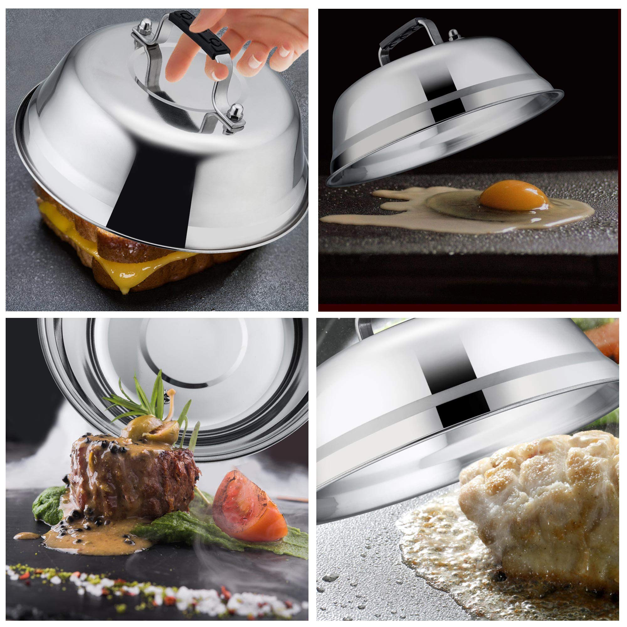 9Inch Cheese Melting Dome Set Of 2, Leonyo Stainless Steel Steam Basting Cover For Griddle Grill Flat Top Cast Iron, Heavy Duty