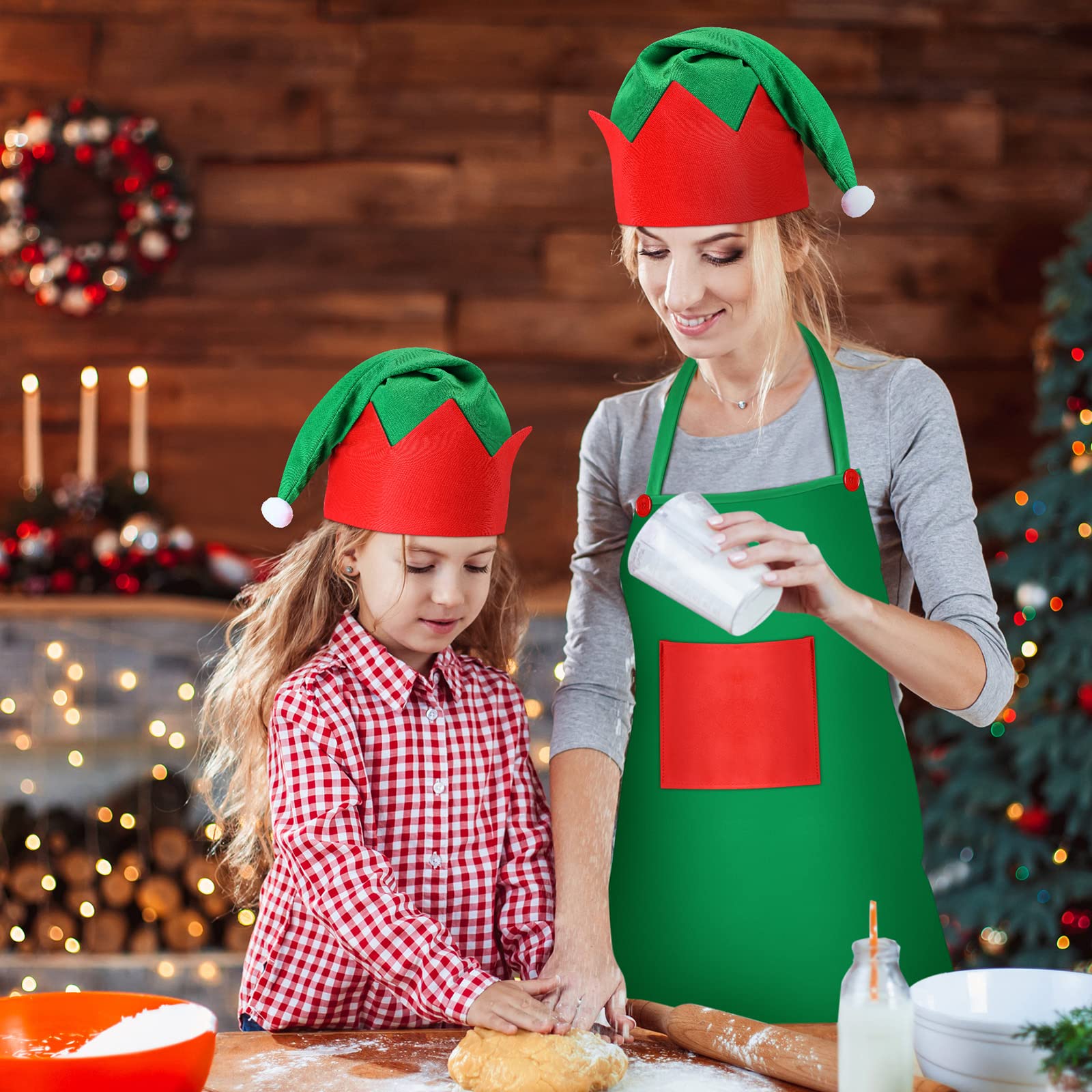 16 Pieces Christmas Elf Apron Kits Red and Green Adults Elf Costume for Women Santa Aprons Hats Christmas Party Costume (Green)