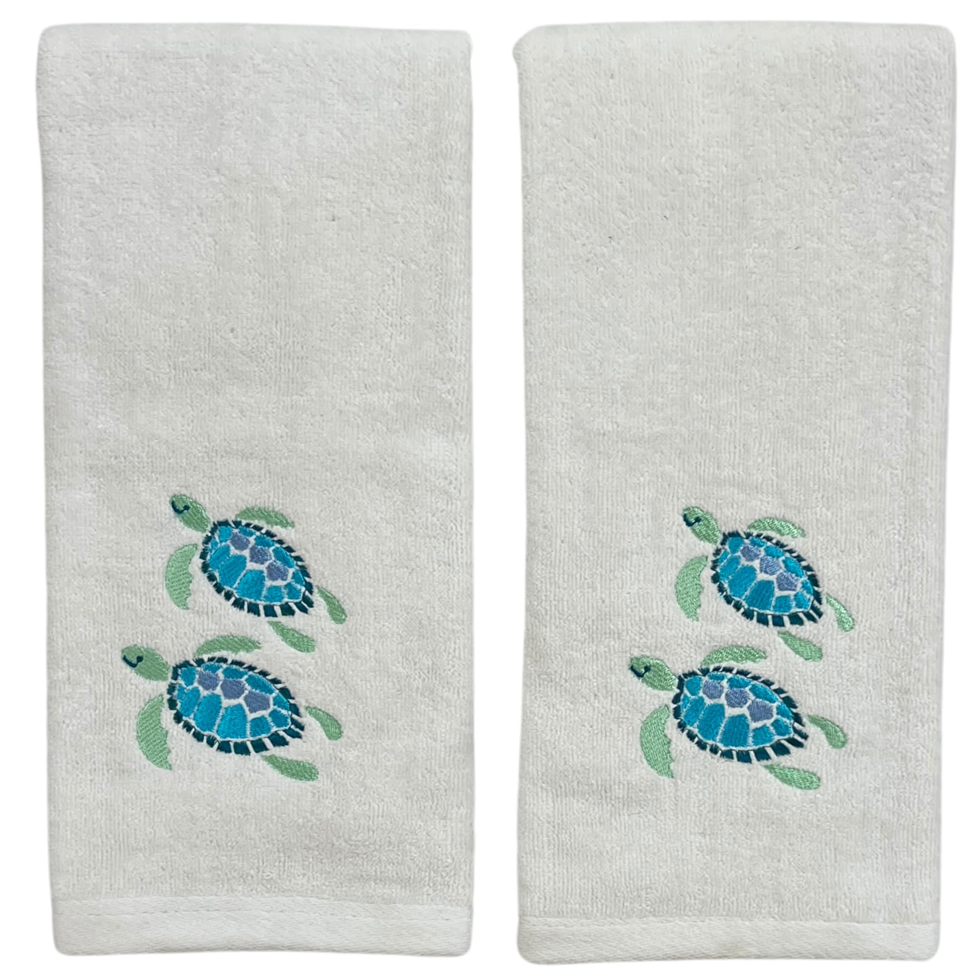 Summer Soft Absorbent Guest Sea Turtle Hand Towels: Bright Aqua Blue Turquoise Embroidery Design, 2 Piece (Sea Turtles)