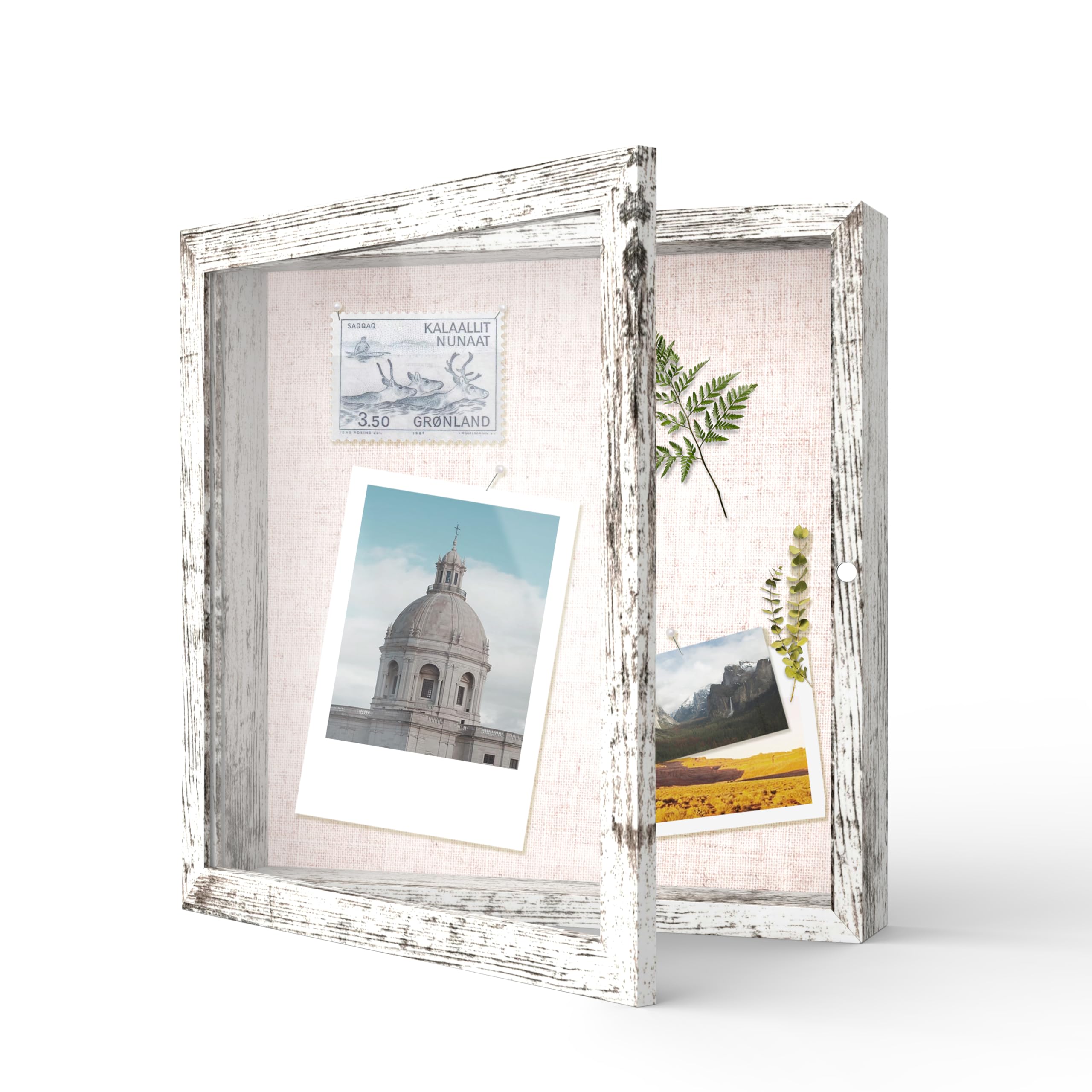FrameWorks 11x11 Deep Shadow Box Frame, Wooden Display Case w. Linen Board & Tempered Glass Door - Distressed White - Square - W