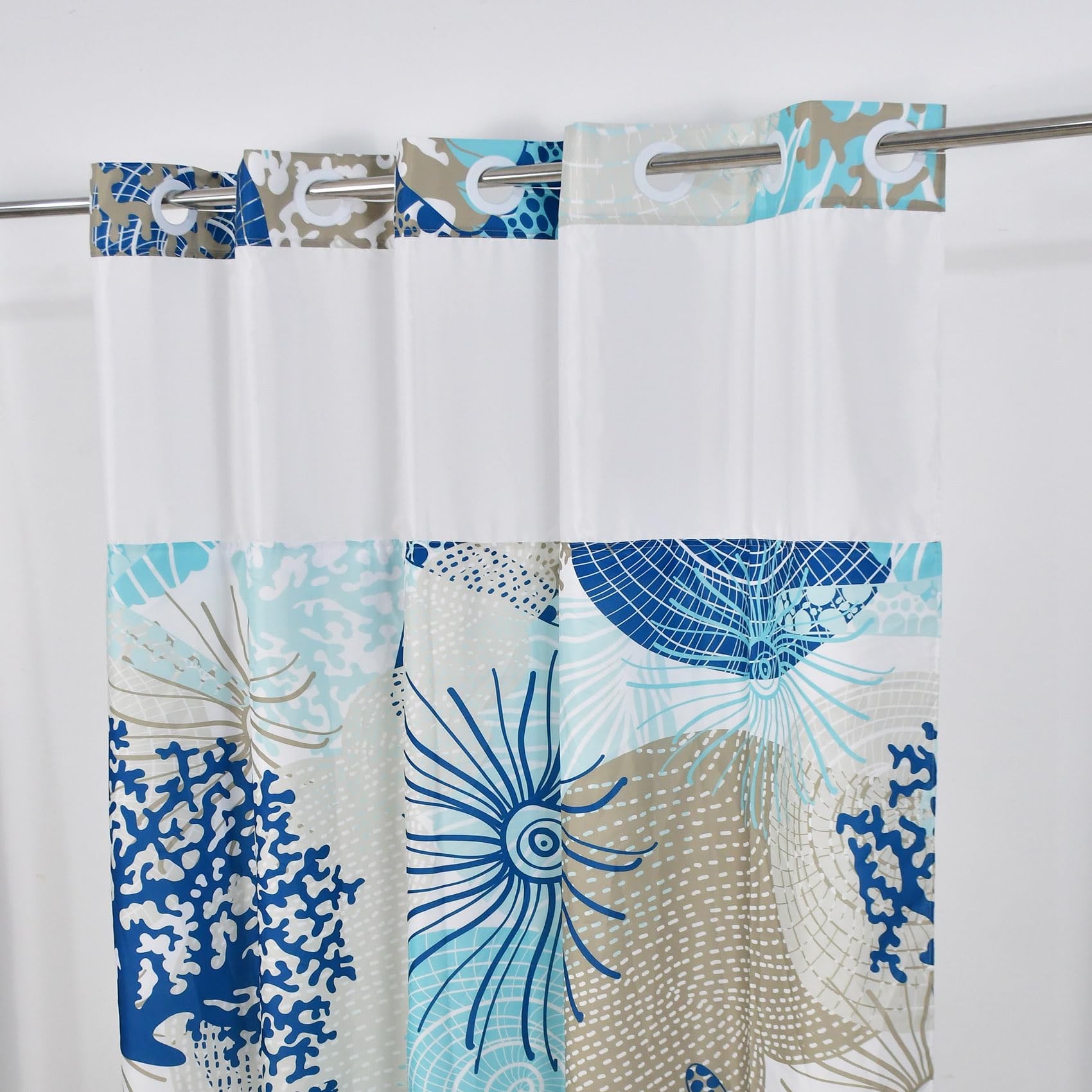 Yanutan No Hook Shower Curtain,Blue Ocean Double-Layered Shower Curtain With Snap-In Liner And Weights,Starfish Coral Nautical C