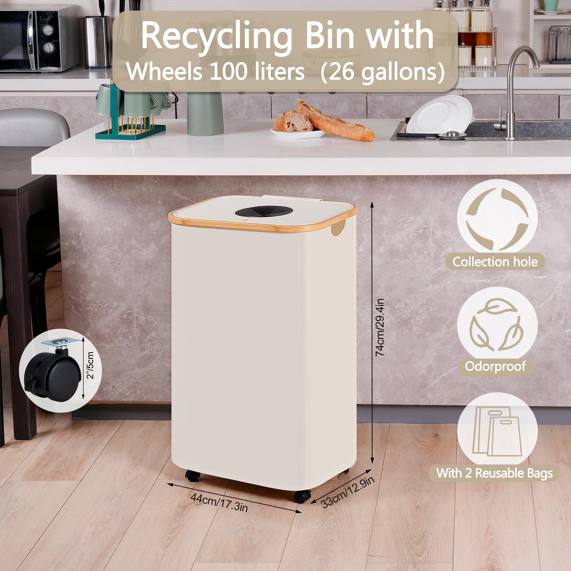 Efluky Recycle Bins For Kitchen 100L (26 Gallon), Recycling Bin With Wheels And 2 Removeable And Reusable Inner Bags, Kitchen Re