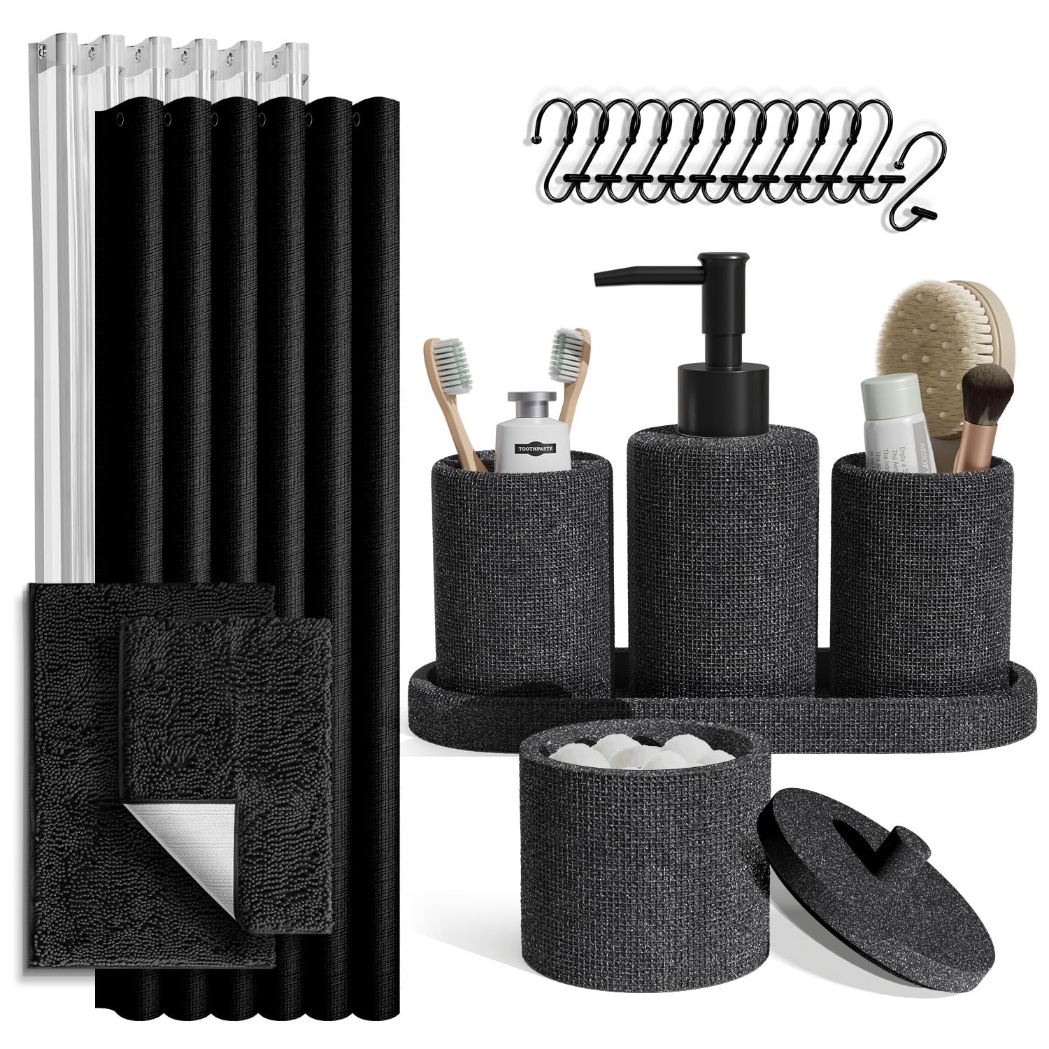 Clara Clark Coal Black Bathroom Set - Bathroom Sets with Shower Curtain and Rugs, 21PC Bathroom Accessory Set, Shower Curtain Se
