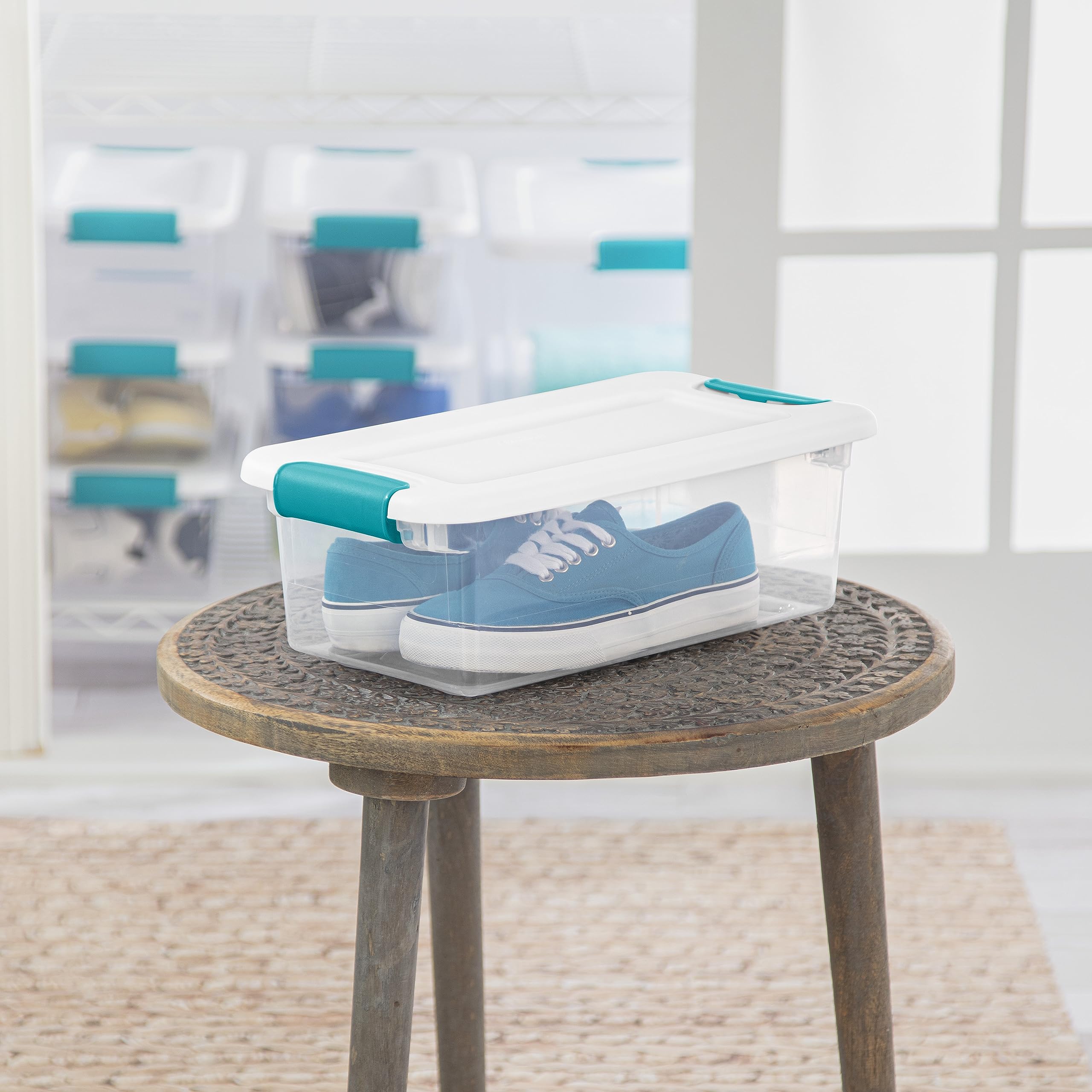 Sterilite 6 Qt Latching Storage Box, Stackable Bin With Latch Lid, Plastic Container To Organize Shoes On Closet Shelf, Clear Wi