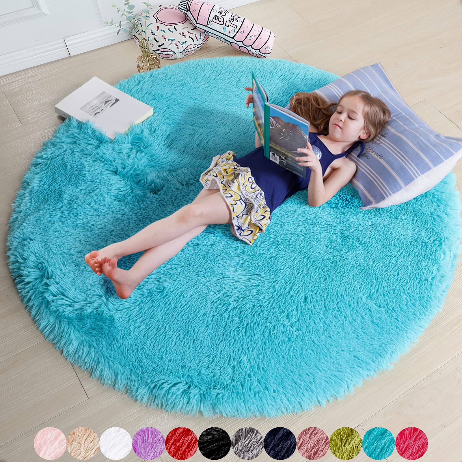 Blue Round Circle Rugs 6Ft for Kids Bedroom, Large Soft Washable Fluffy Area Rug for Teen Girls Boys, Play Room Decor Aesthetic,