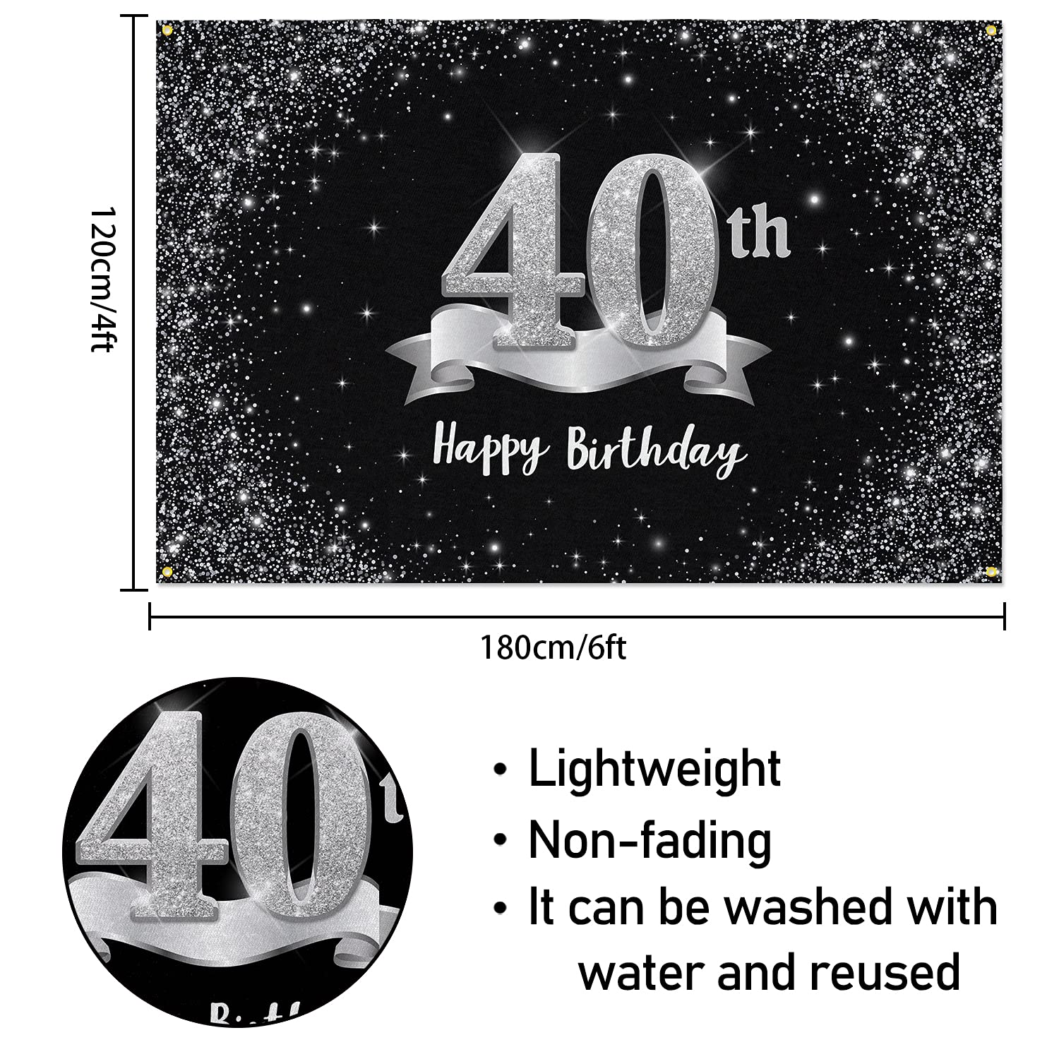 Hamigar 6X4Ft Happy 40Th Birthday Banner Backdrop - 40 Years Old Birthday Decorations Party Supplies For Women Men - Black Silve