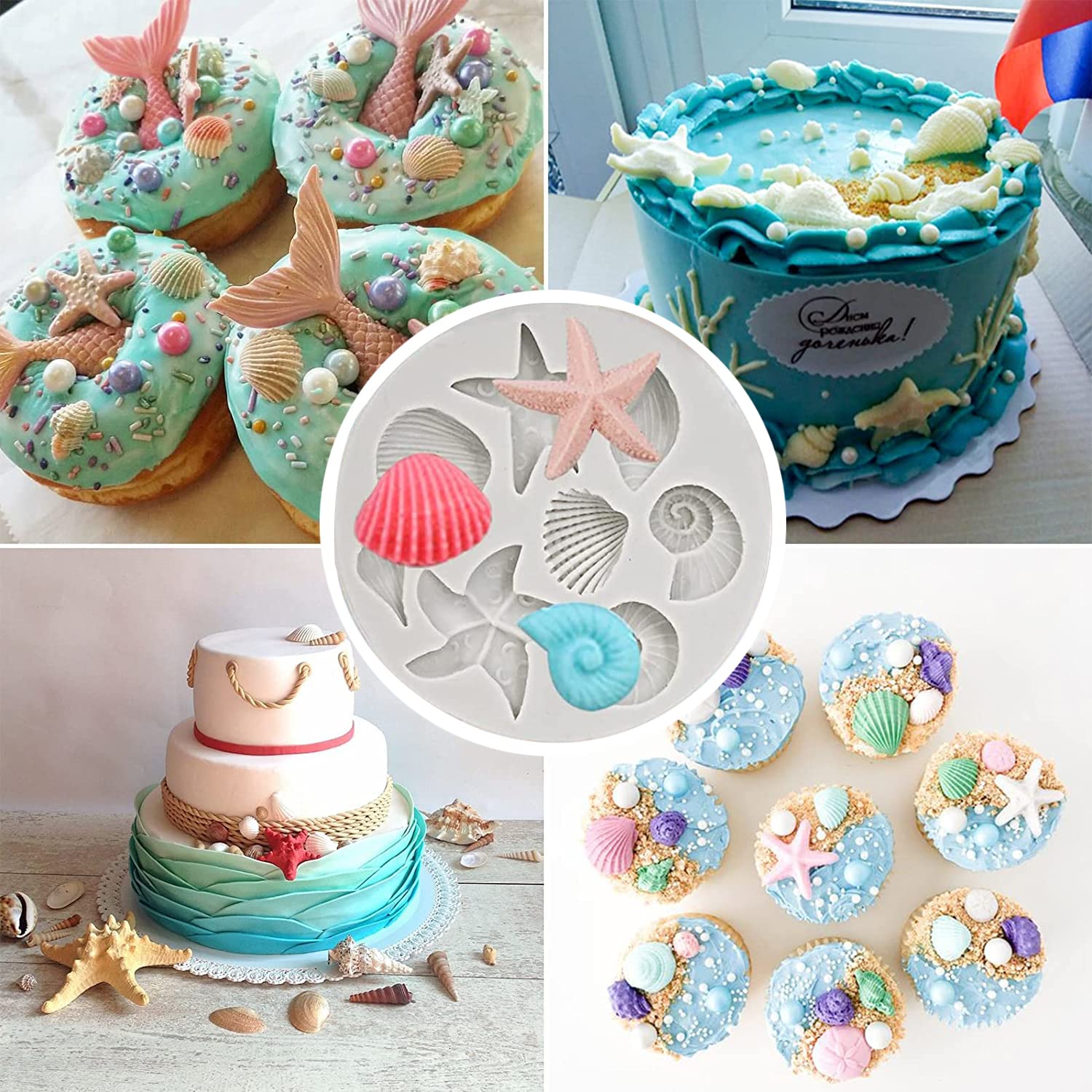 Afinsea 3 Pcs Marine Theme Cake Fondant Silicone Mold Seashell Conch Starfish Coral Baking Molds For Diy Cake Decoration Chocola