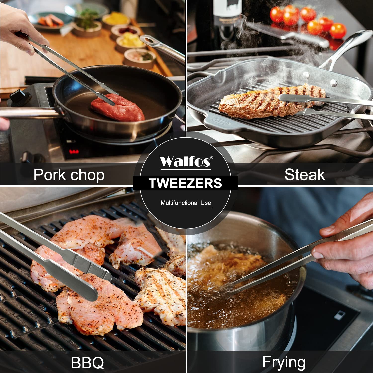 WALFOS Tweezer Tongs for Cooking Kitchen Tweezers Stainless Steel Pasta Tweezers Tongs for Cooking  Roasting  Grabbing Small Objects  Dessert  BBQ Spaghetti 3 Pcs (8+10+12-Inch)