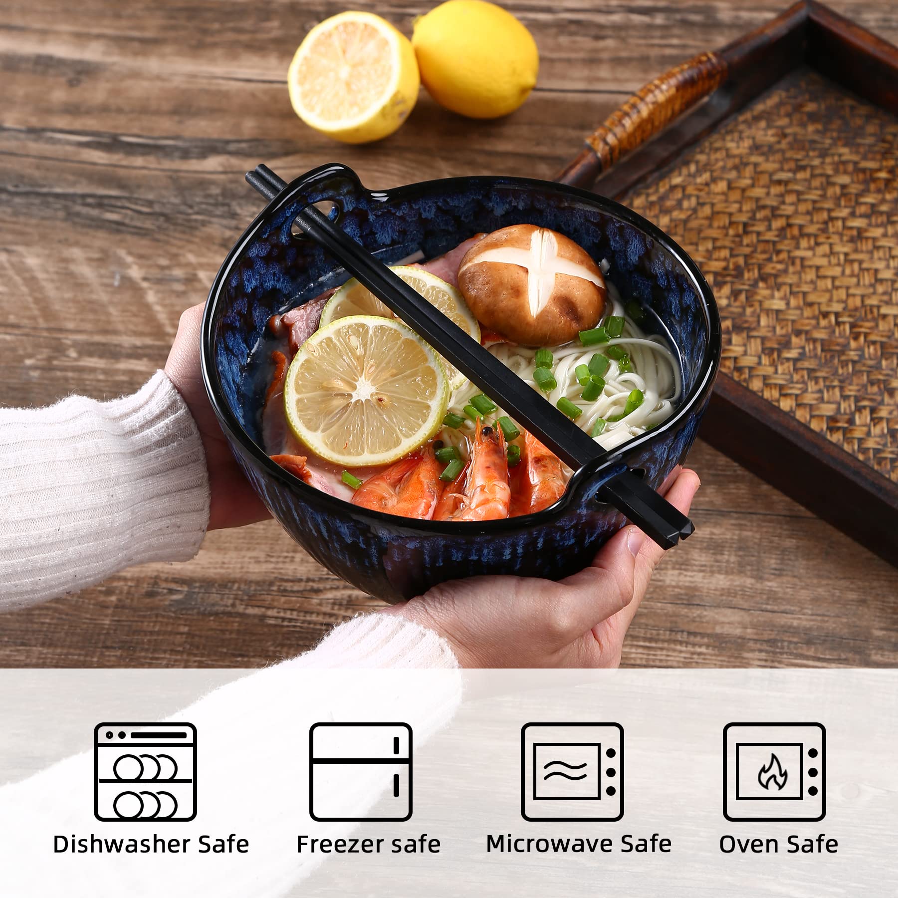 Jh Jiemei Home Ramen Bowl With Chopsticks And Spoons Set, 7 Inch Ceramic Noodle Bowl Set Of 2, Dishwasher Safe For Pho Udon Soba