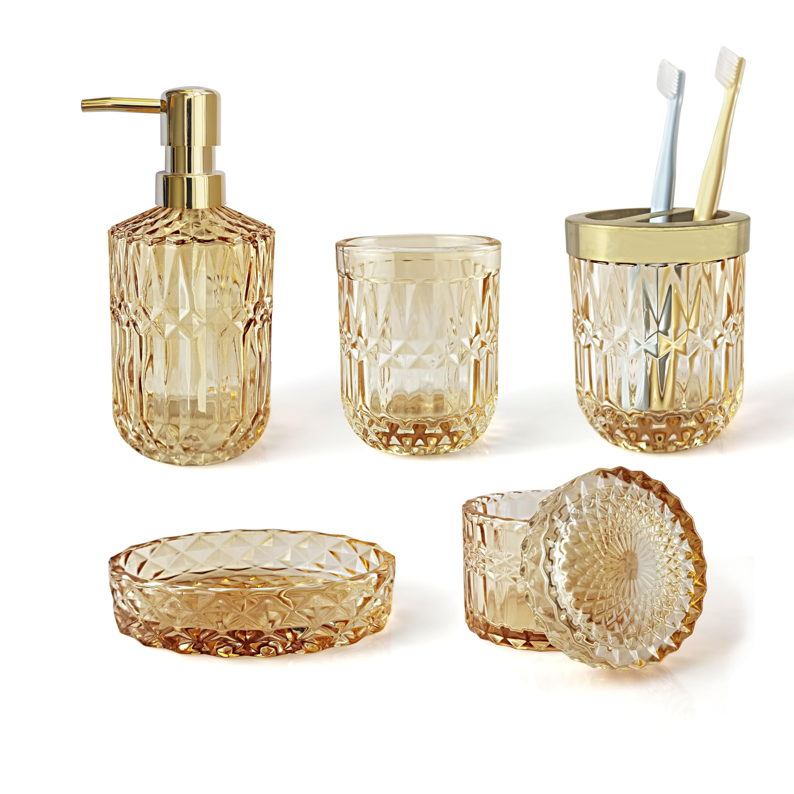 LaMarriti 5Pcs Clear Gold Glass Bathroom Accessory Complete Set  Lotion Dispenser  Soap Dish  Tumbler  Cotton Swab Jars  Toothbrush Holder Set Bathroom Decor and Gift Set  Golden  Yellow-Orange