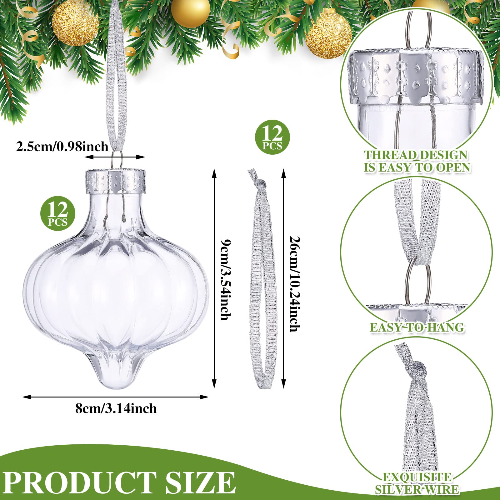 Leitee 12 Pcs Christmas Plastic Ornament Balls, 3 Inches Lantern Shape Fillable Clear Ornaments Balls with Screw Off Caps and Ro