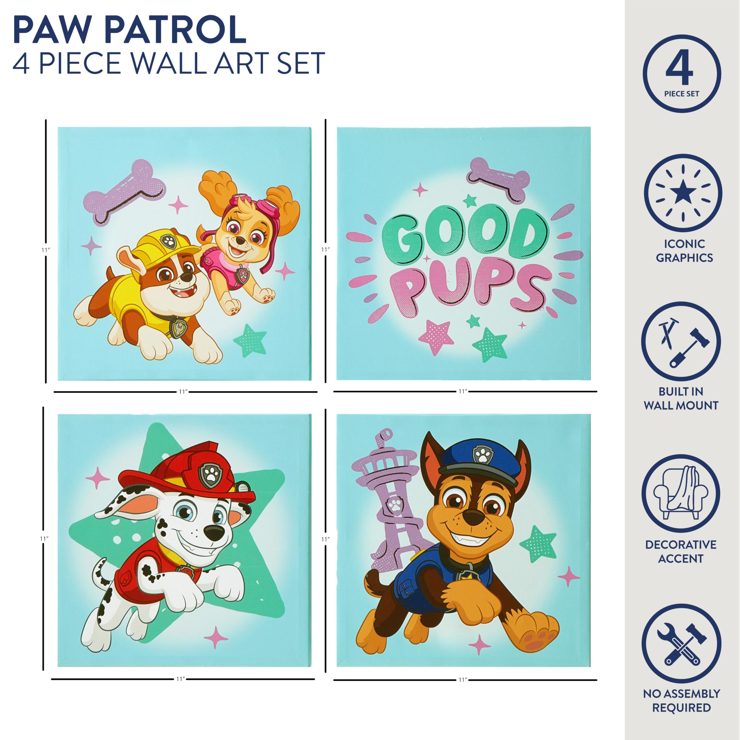 Idea Nuova Nickelodeon Paw Patrol 4 Pack Square Canvas Wall Art Set, 11''X11'' Each