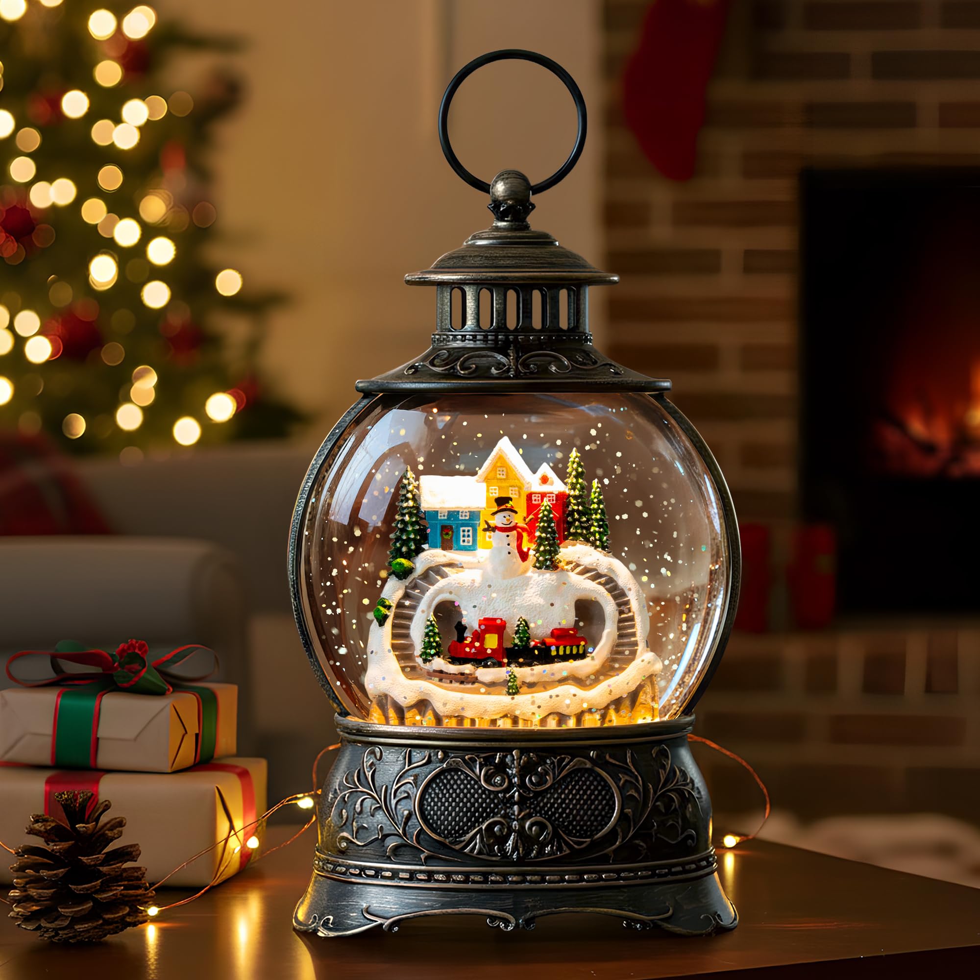 Christmas Village Snow Globe Water Lantern with Snowman and Train Scene Battery Operated or USB Powered Musical Lighted Holiday 