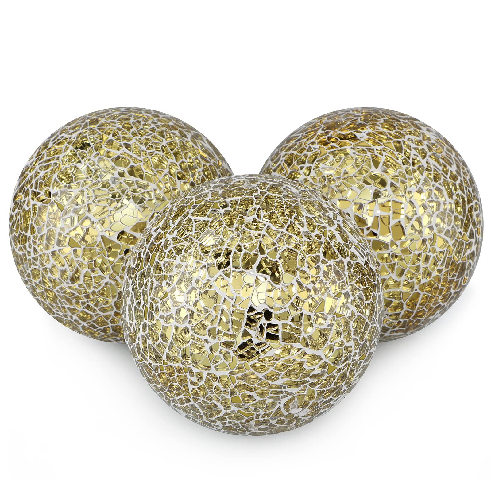 MDLUU 4 Decorative Orbs, Mosaic Sphere Balls, Centerpiece Balls for Bowls, Vases, Dining Table Decor, Pack of 3 (Gold)