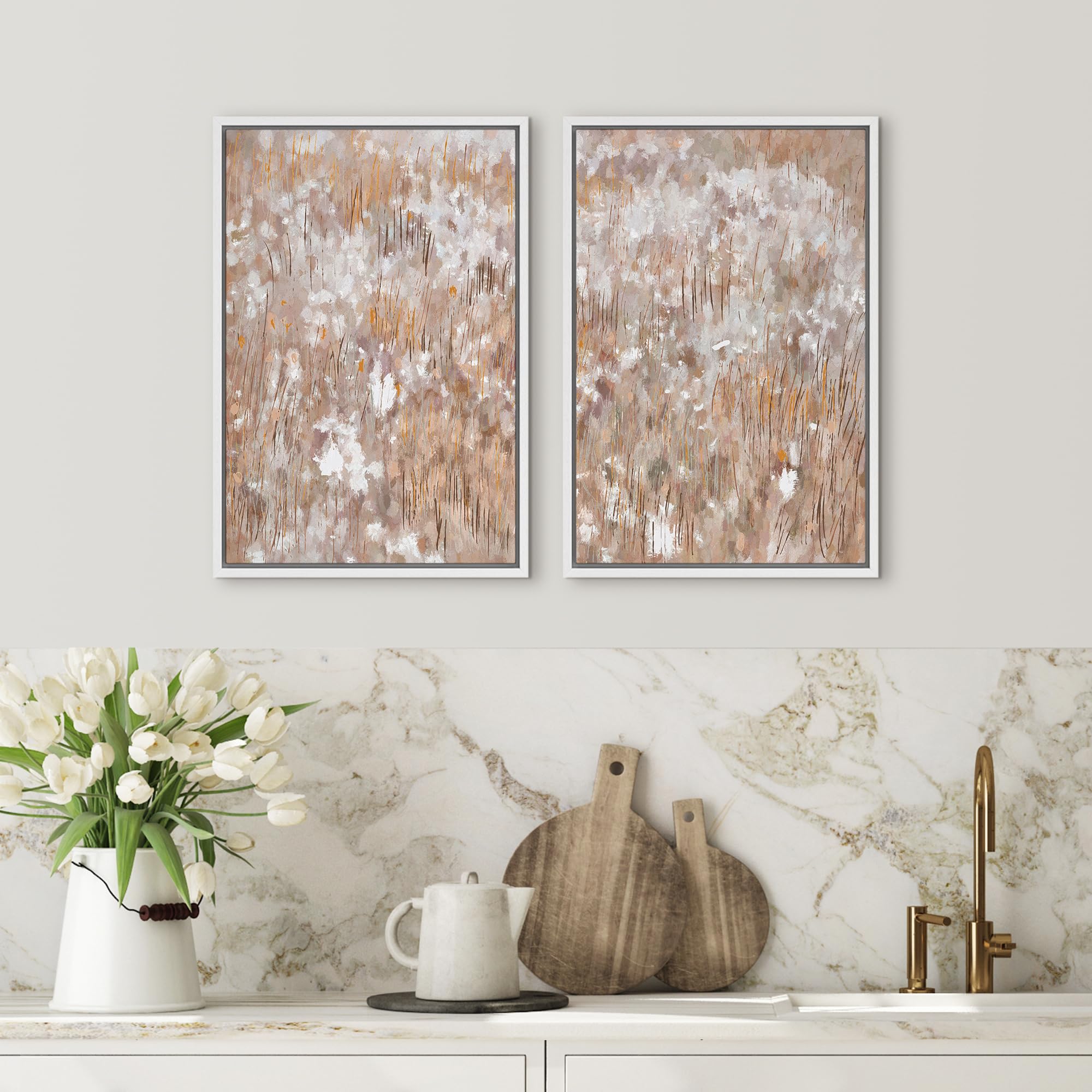Signford Framed Canvas Print Wall Art Set Misty Reeds Soft Hues In Abstract Illustration Modern Art Decorative Nordic Nature For
