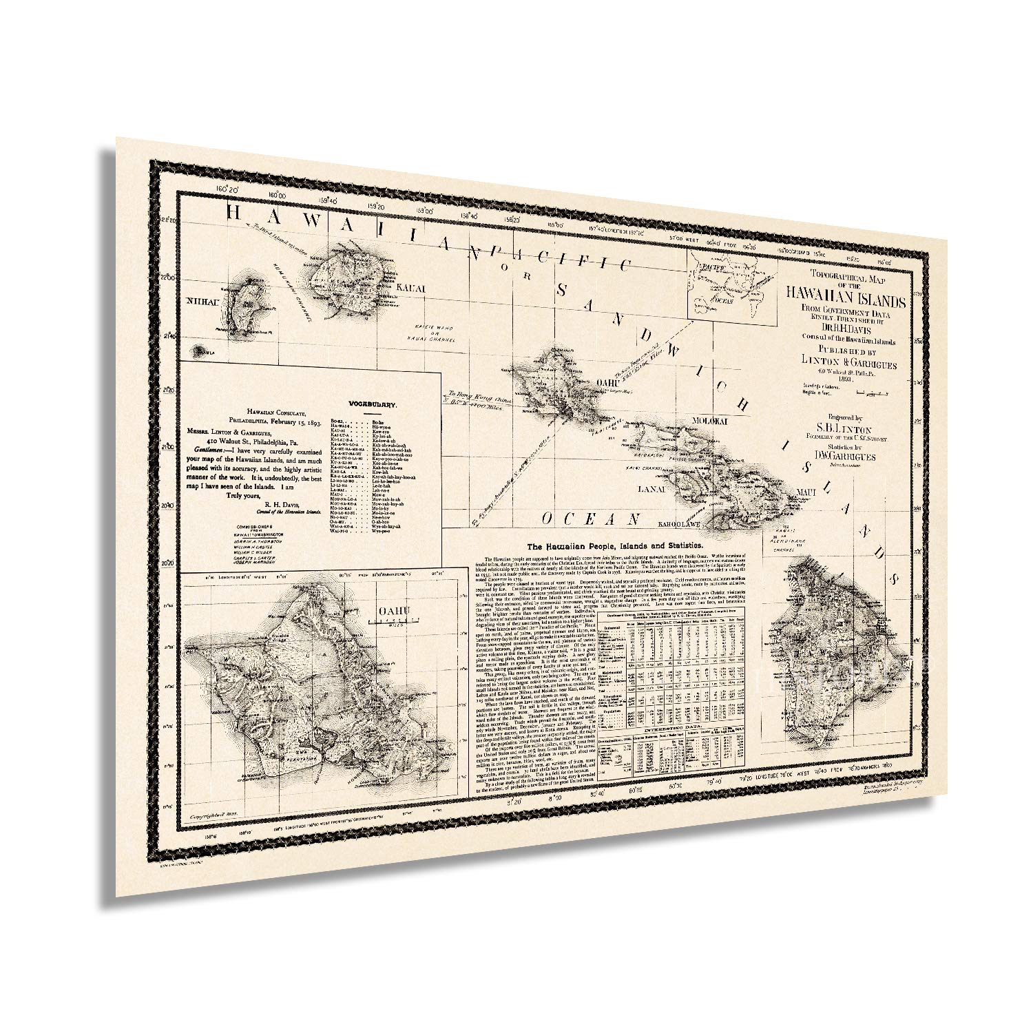 Historix Vintage 1893 Map Of Hawaii - 24X36 Inch Vintage Map Of Hawaiian Islands Wall Art - Hawaii Vintage Map Includes Text And