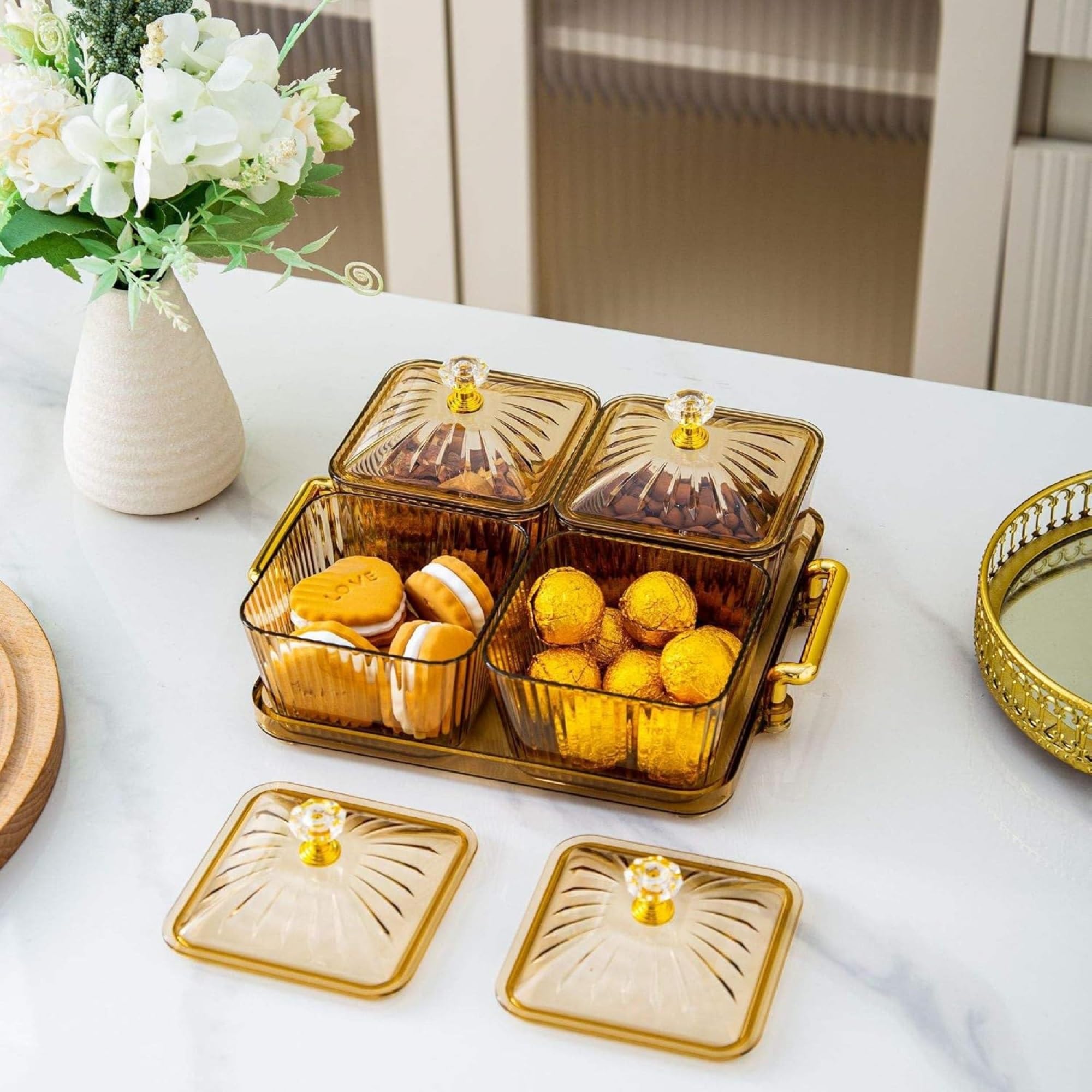 Plastic Snack Serving Tray With 3 Square Lidded Containers And Gold-Tone Handle Stand (4 Grids Dry Fruit Tray)