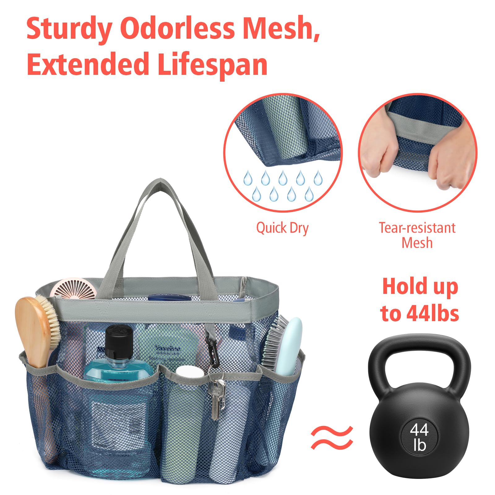 F-color Mesh Shower Caddy Portable  Upgrade Deeper 7 Pockets Shower Caddy Basket Tote for College Dorm Room Toiletry Bathroom Essentials Gym Camp Quick Dry 2 handles Shower Bag with S Hook  Navy Blue