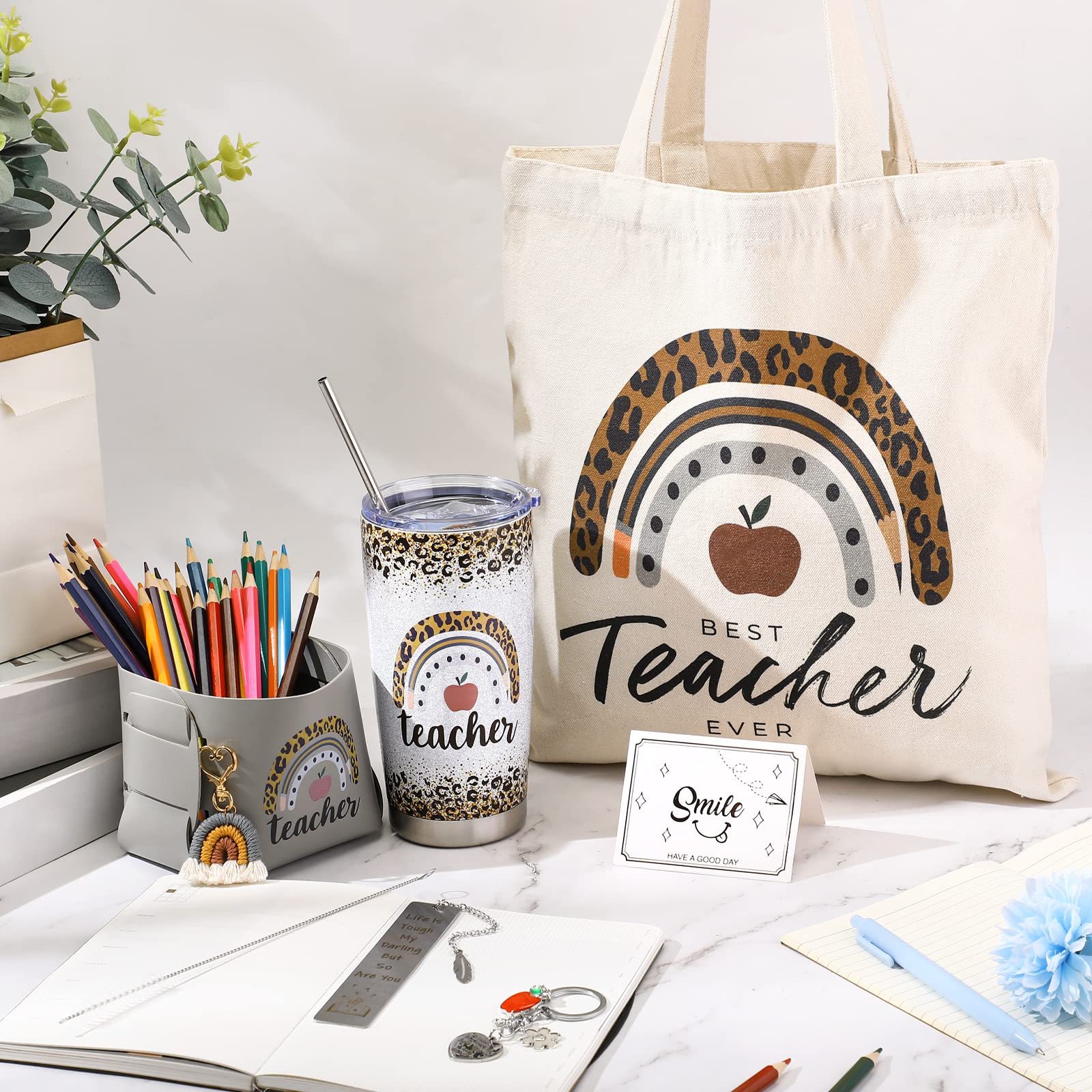 Nuenen 7 Pcs Teacher Gift For Women Teacher Appreciation Gift Rainbow Basket Include Tumbler Tote Bag Leather Bucket Card Key Ch