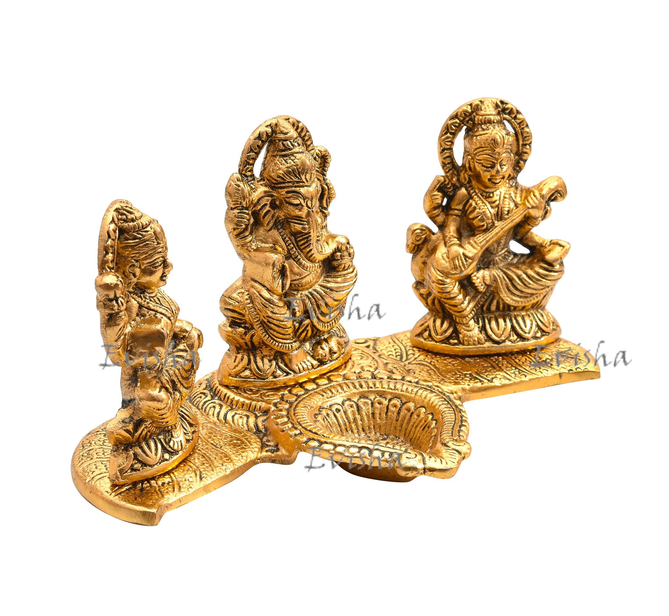 Evisha Golden Brass Metal Lord Laxmi Ganesh And Saraswati With Diya Handicraft Idol For Temple Home Dcor