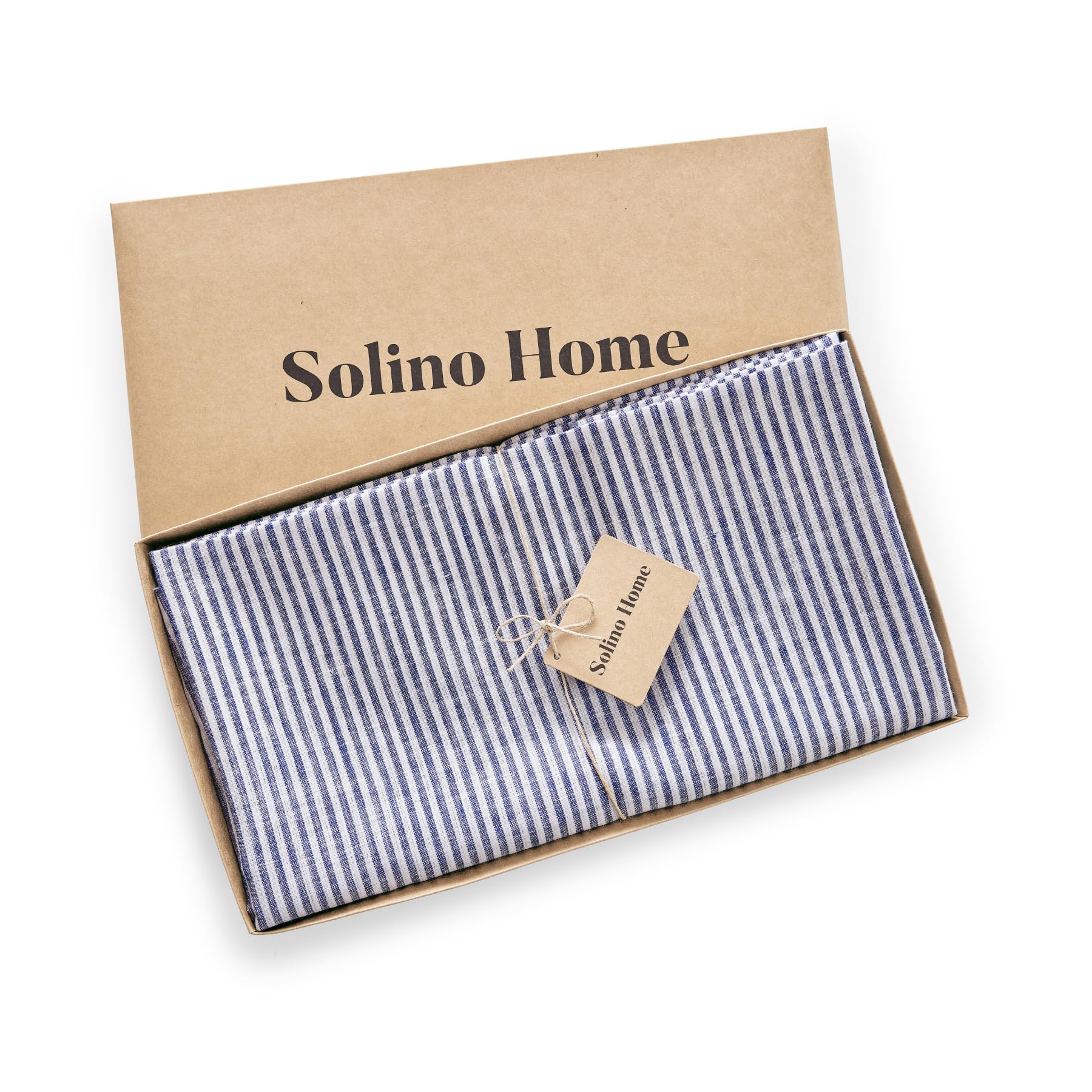 Solino Home Stripe Linen Round Tablecloth - 100% Pure Linen Navy And White Tablecloth 60 Inch Diameter For Spring, Easter - Hand