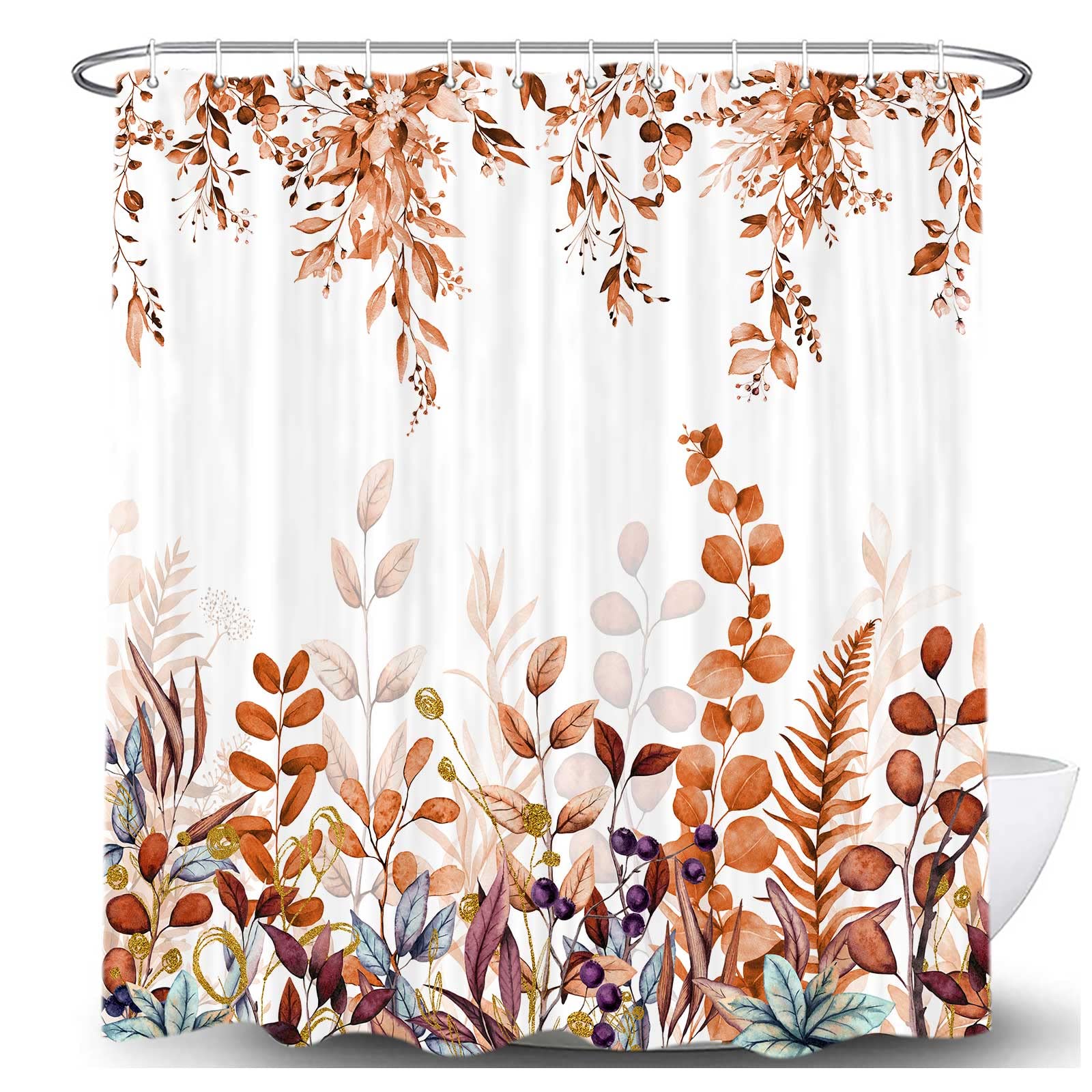 Veigike Fall Floral Shower Curtain, Cute Autumn Red And Gold Leaves Flower Harvest Fabric Shower Curtains Set For Bathroom, Whit