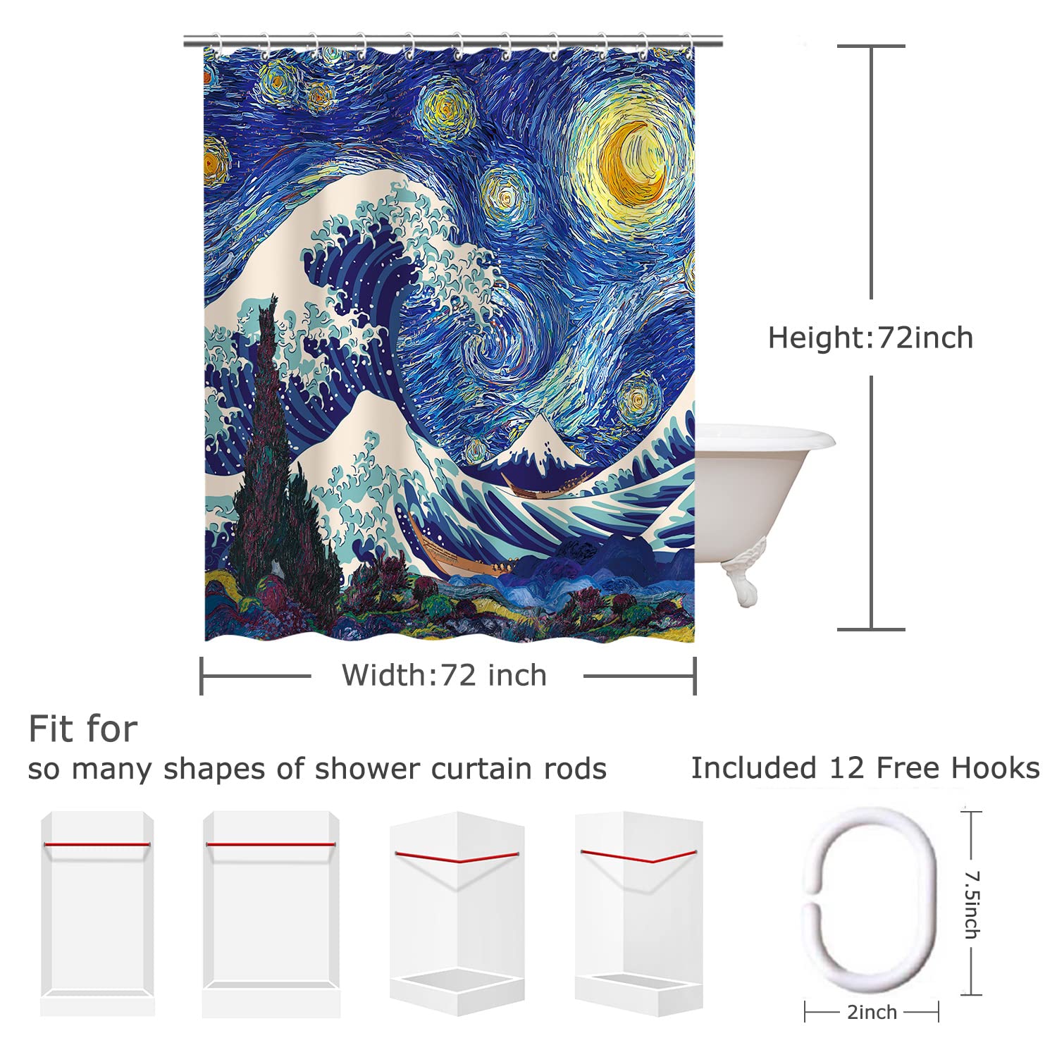 Rosielily Japanese Shower Curtain Wave Shower Curtain, Starry Night Shower Curtains Set With 12 Hooks, Waterproof Van Gogh Showe
