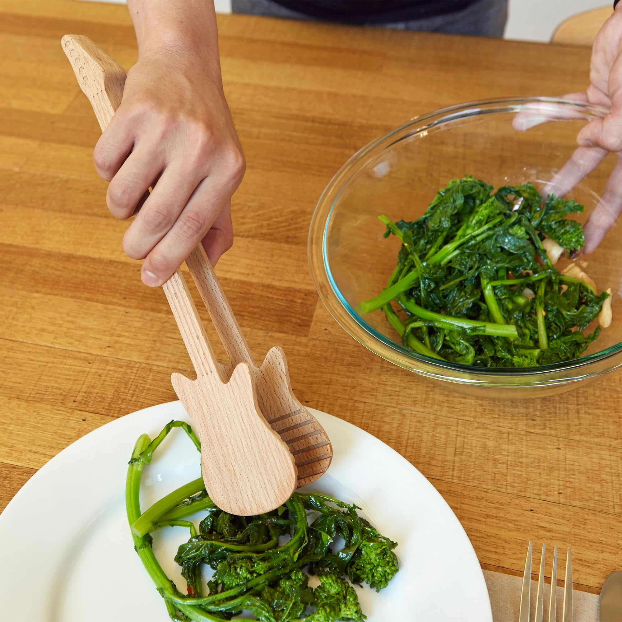 Kikkerland Novelty Guitar Wooden Tongs for Kitchen - Beechwood, Heat Resistant, Use with Non-Stick Cookware - Unique Gift for Mu