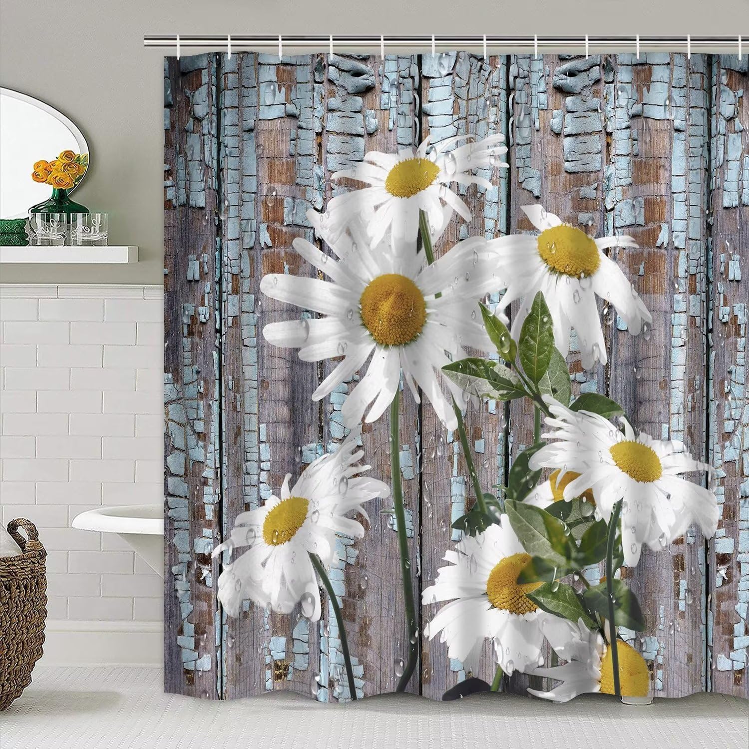 Azhm White Daisy Flower Shower Curtain Sets 4 Pcs Rustic Farmhouse Bathroom Decor Set With Shower Curtain And Rugs And Accessori