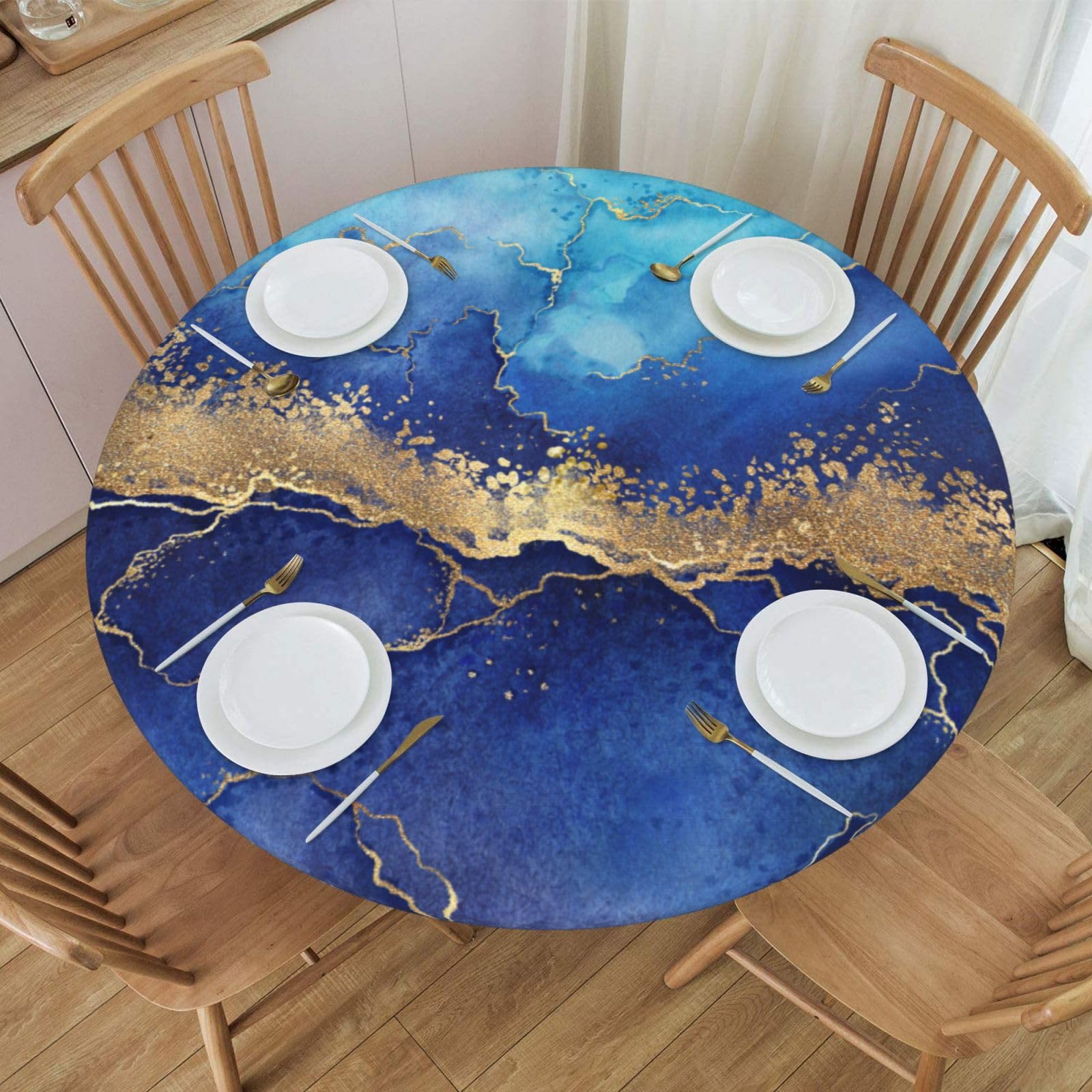 Fiokroo Blue Golden Marble Background Tablecloth With Elastic Edge, Round Table Cloth Washable Reusable Table Cover For Kitchen