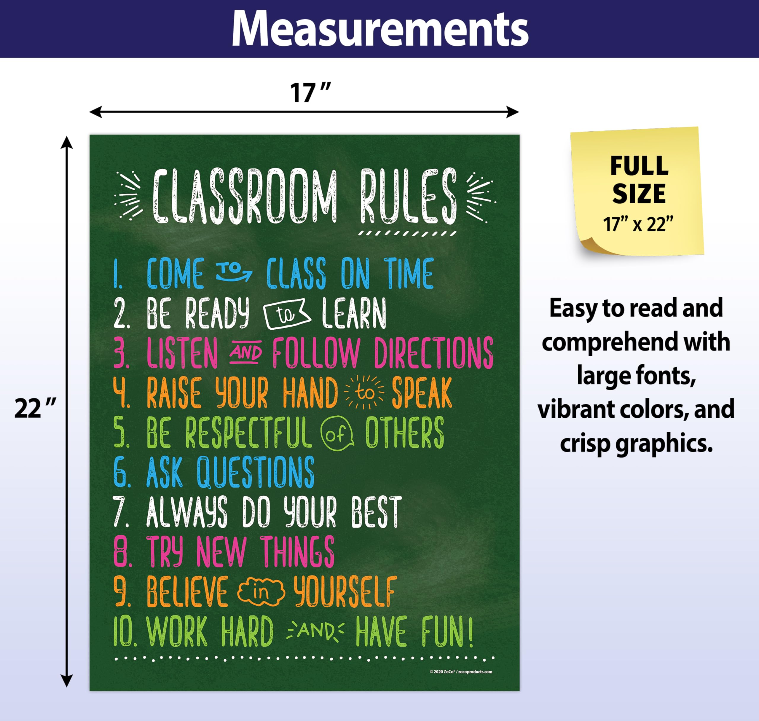 ZOCO - Classroom Rules Poster - Laminated  17x22 Inches - Class Rules Poster for Middle School - Classroom Expectations Poster - Posters for High School Classroom