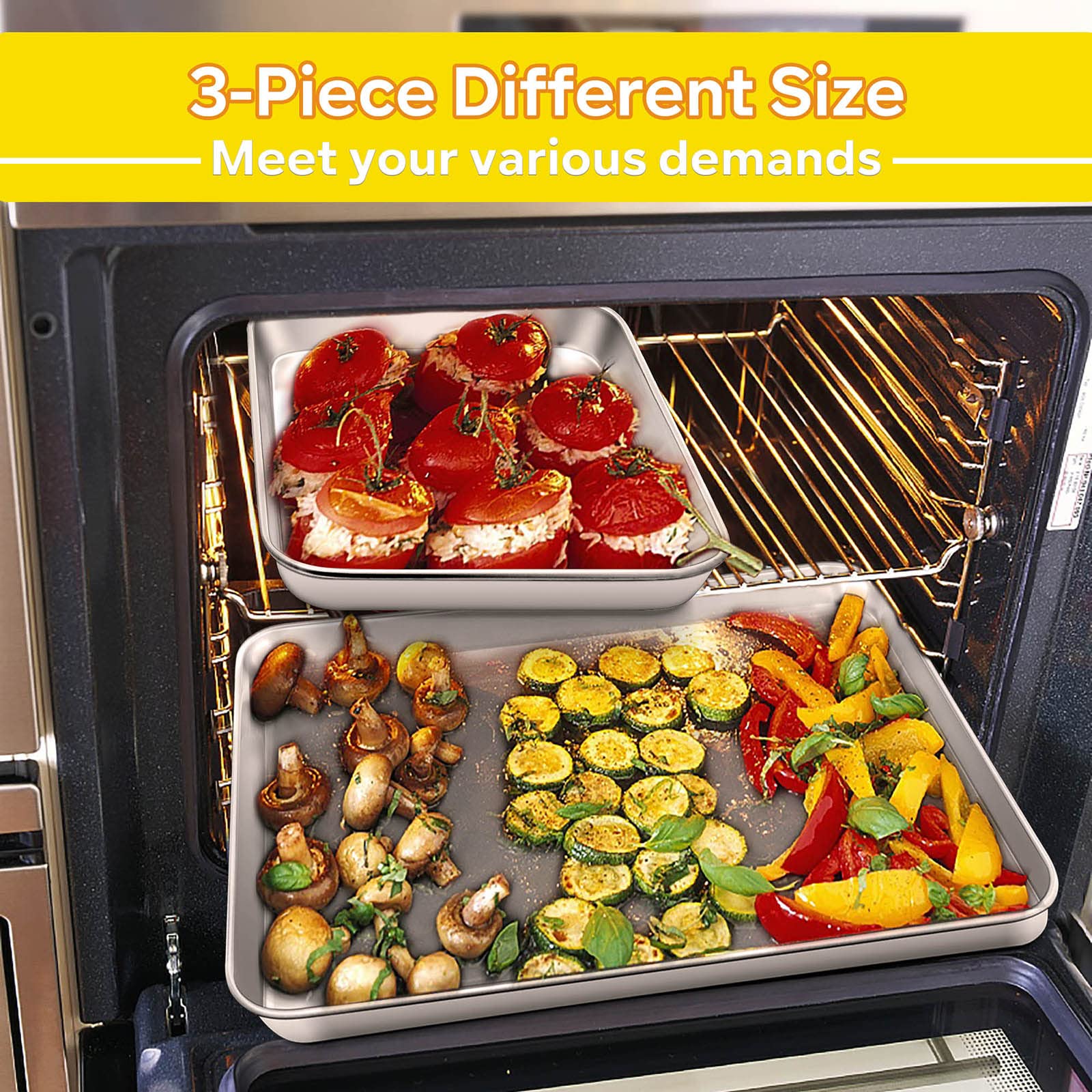 E-Far Baking Cookie Sheet Pan Set Of 3, 16/12.4/10.4 Inch, Stainless Steel Baking Pans Set For Oven, Rectangle Baking Tray For C