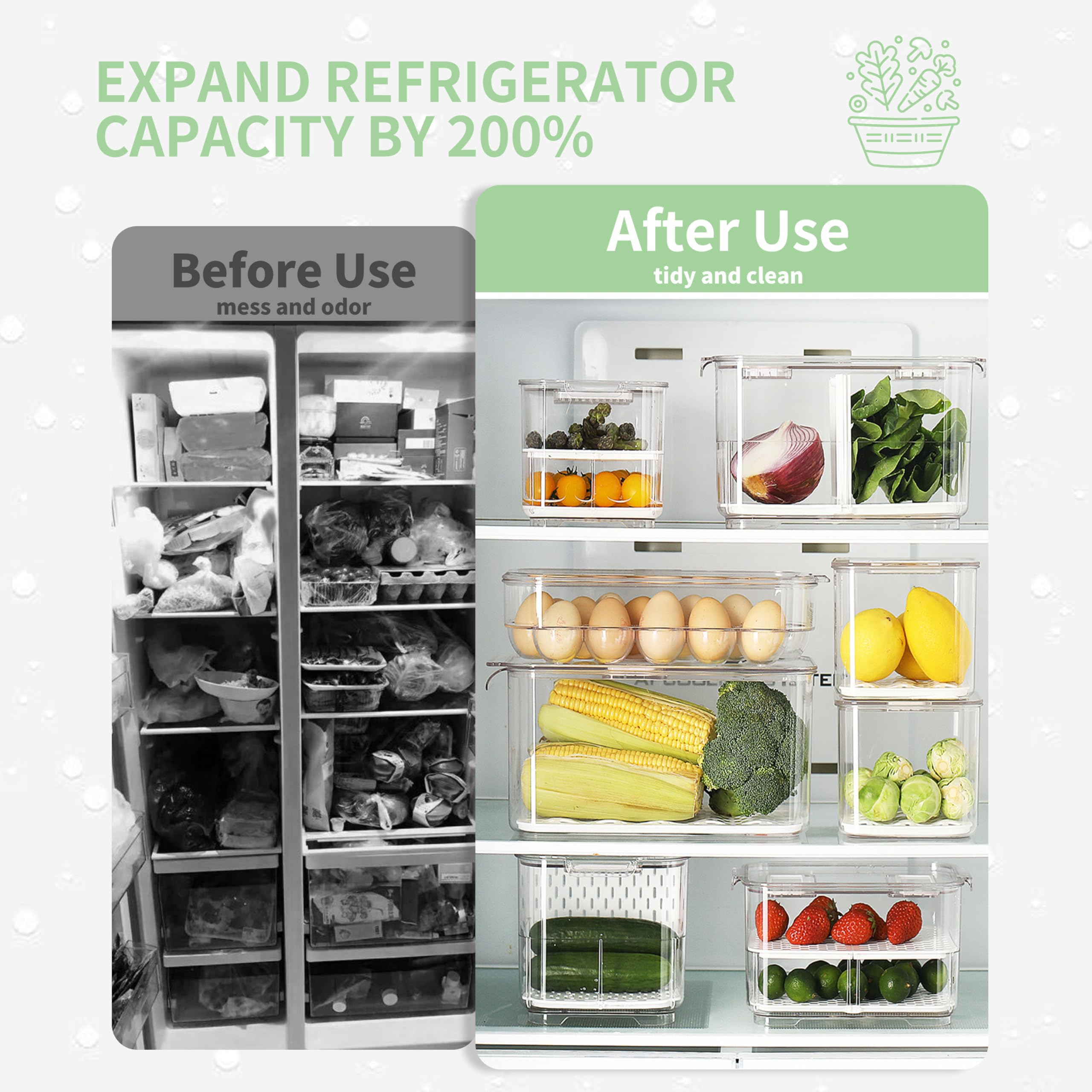 Elabo Food Storage Containers Fridge Produce Saver- 3 Piece Set Stackable Refrigerator Organizer Keeper Drawers Bins Baskets Wit