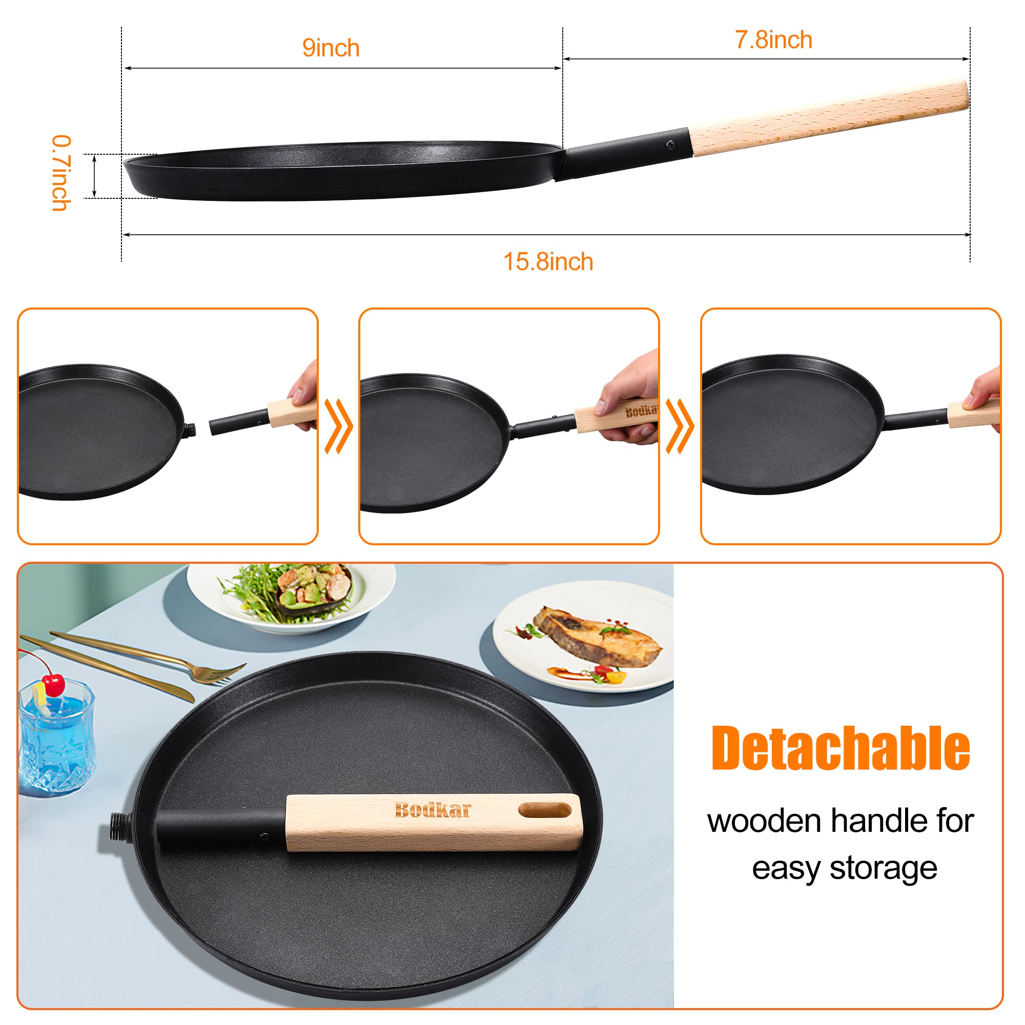 Bodkar Frying Pan Skillet 8-Inch Flat Crepe Pan, Lightweight Grill Pan With Wooden Handle For Camping Indoor Outdoor Cooking