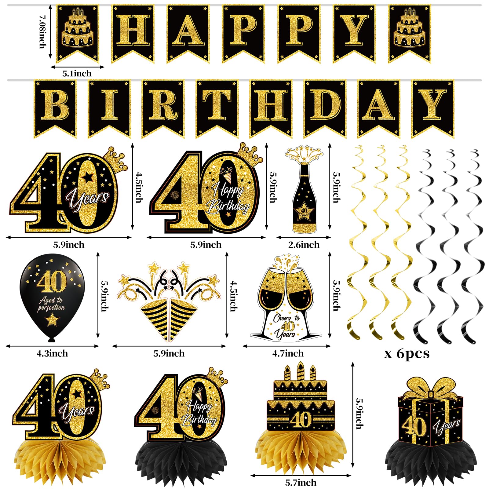 Eucutur 42Pcs 40Th Birthday Decoration Kit For Men Women, Black Gold Happy 40Th Bday Banner Balloons Honeycomb Centerpiece Swirl