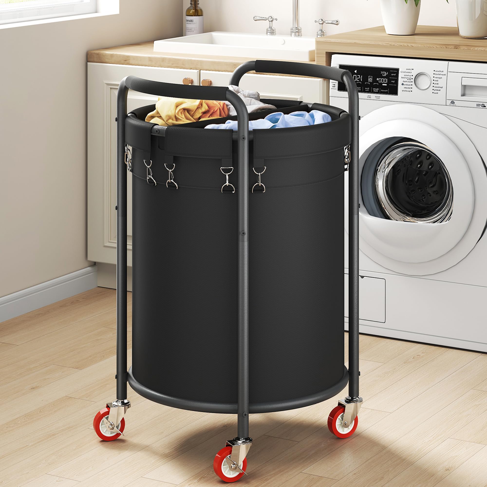 190L 2 Section Laundry Basket With Wheels, 50 Gal., Rolling Laundry Hamper, Round Laundry Sorter Cart With Handle, Steel Frame A