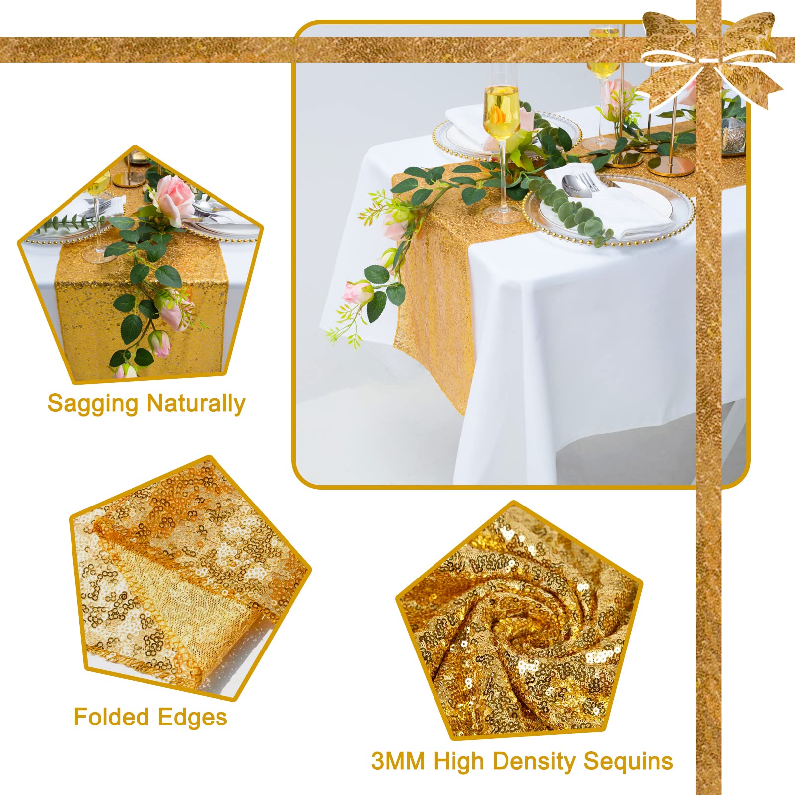 Tcbesto Gold Sequin Table Runner 12 ' 'X 108 ' ' 12 Pack Sparkly Table Runner Glitter Table Cloth Runner For Party Reception Eve