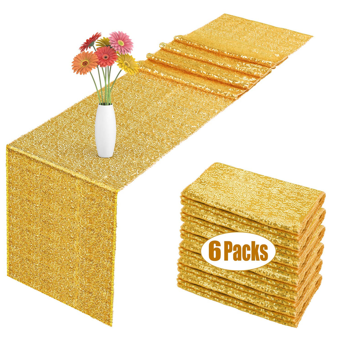 6 Pack Sequin Table Runner Gold, 12 X 108 Inch Glitter Gold Table Runner For Rectangle Table For Birthday, Wedding, Banquet, Hol