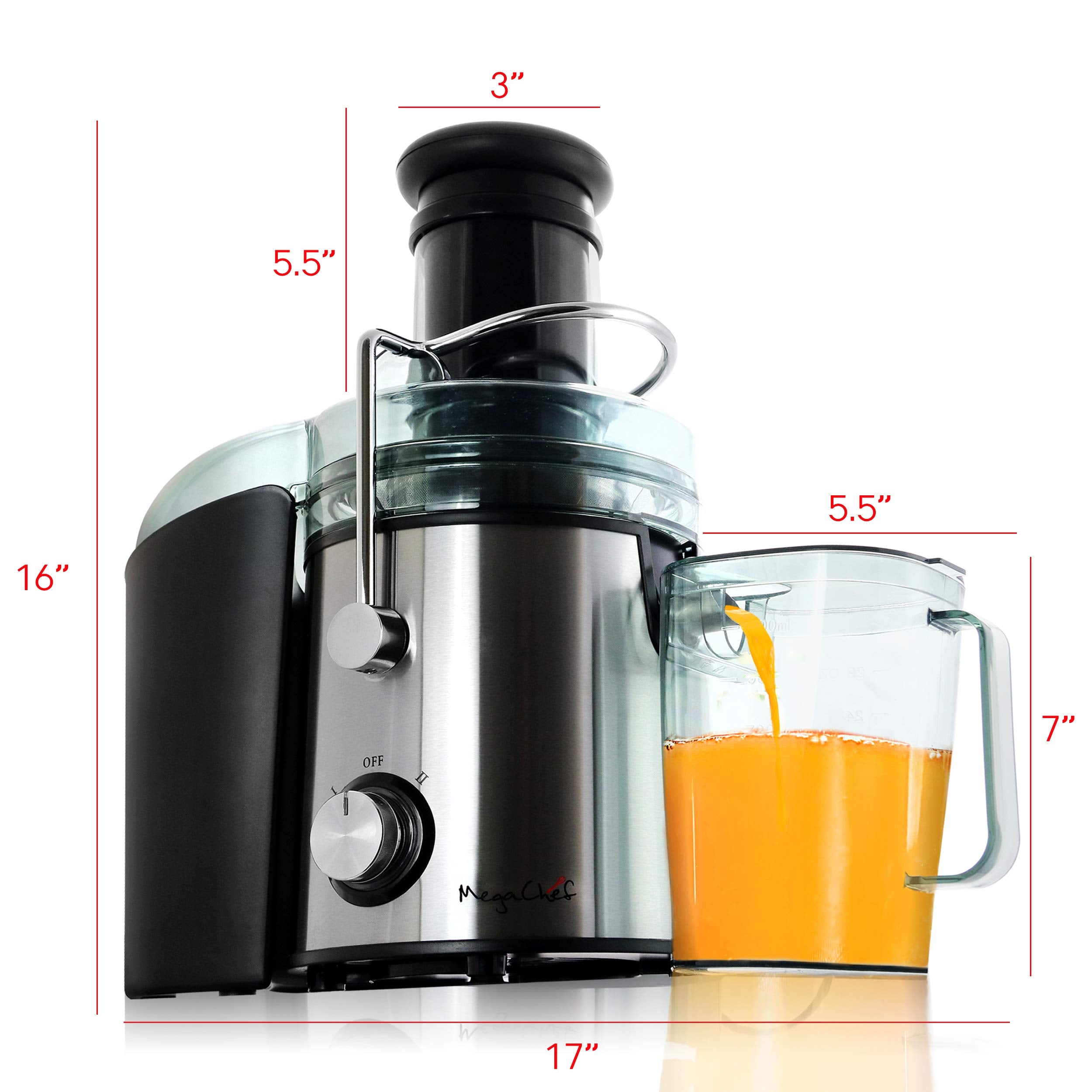 Megachef Wide Mouth Extractor Juice Machine With Dual Speed Centrifugal Stainless Steel Juicer, 3.5 Cup, Chrome Silver