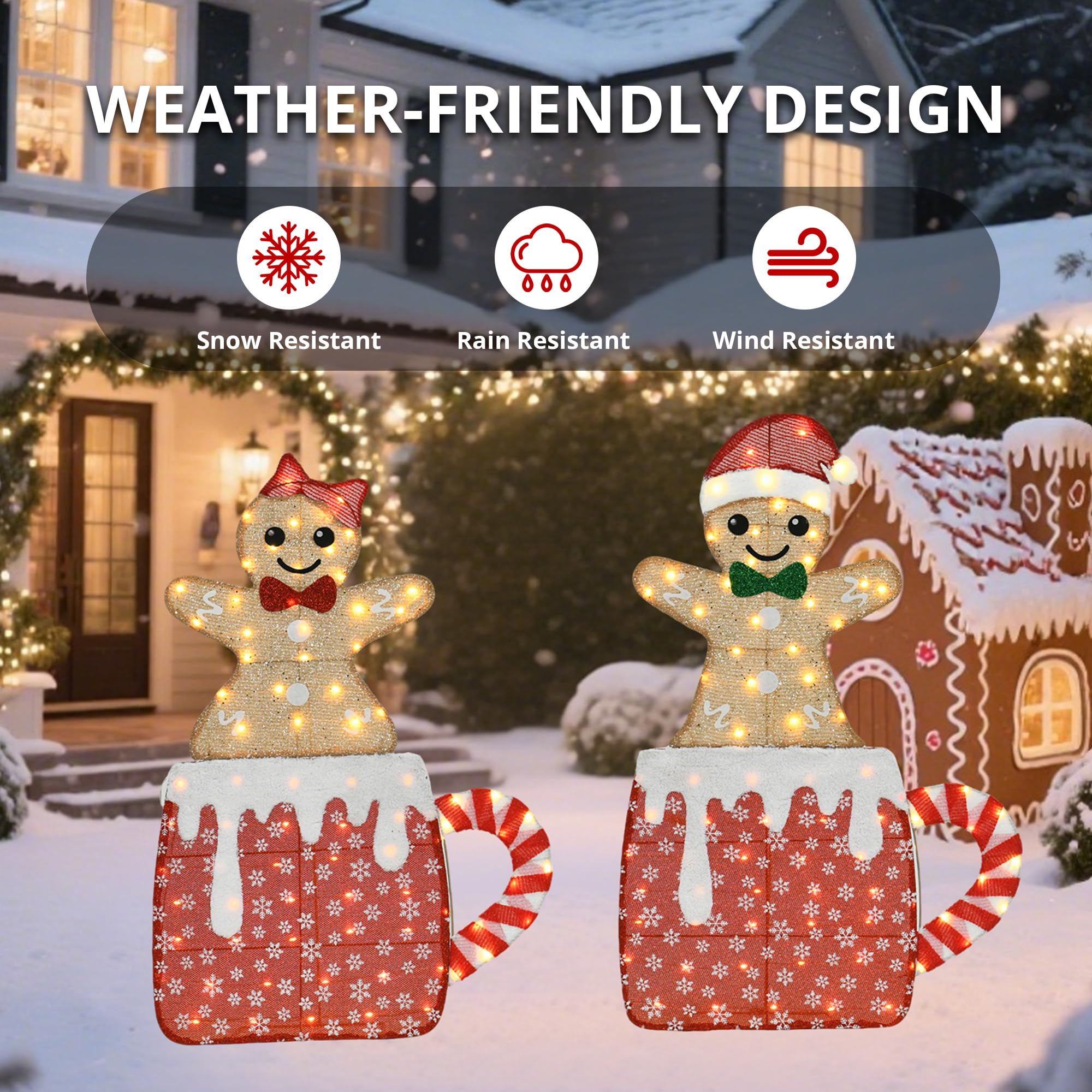 VELTENOVAIRE 42 H Lighted Gingerbread Outdoor Christmas Decorations, Pre-lit Gingerbread Boy & Girl in Hot Cocoa Mug Ornament, 2