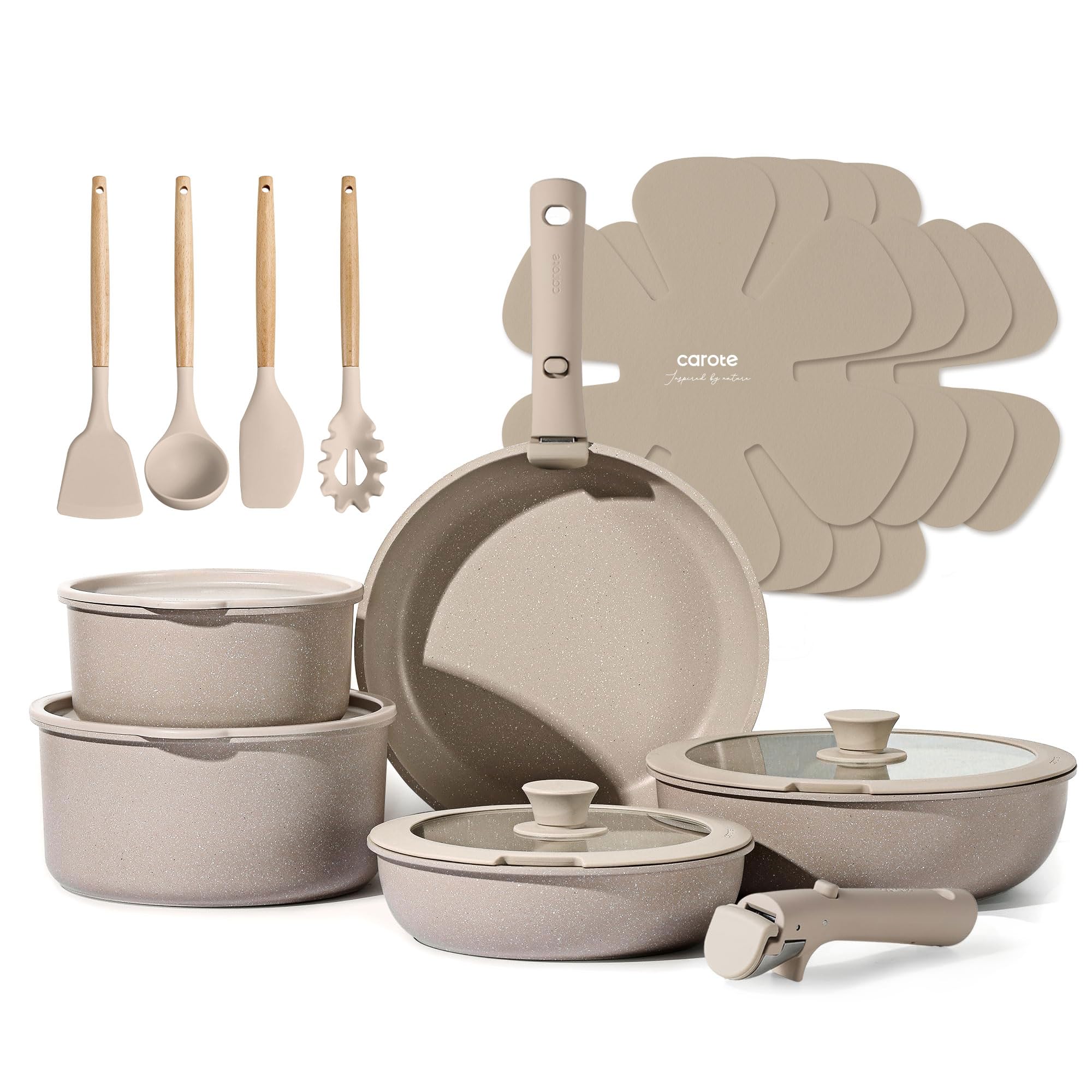 CAROTE 19pcs Pots and Pans Set Non Stick, Nonstick Cookware Set Detachable Handle, Induction Kitchen Cooking Sets with Removable
