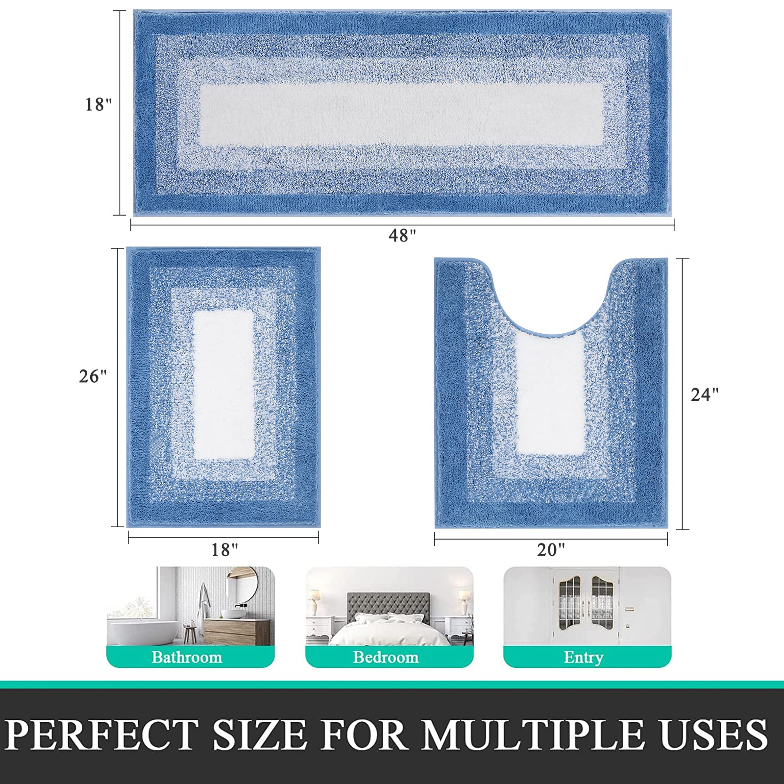 Bsmathom Bathroom Rug Set 3 Piece  Non-Slip Plush Shaggy Bath Mat  Soft and Absorbent Microfiber Bath Rugs for Bathroom  Tub and Shower Machine Washable Blue
